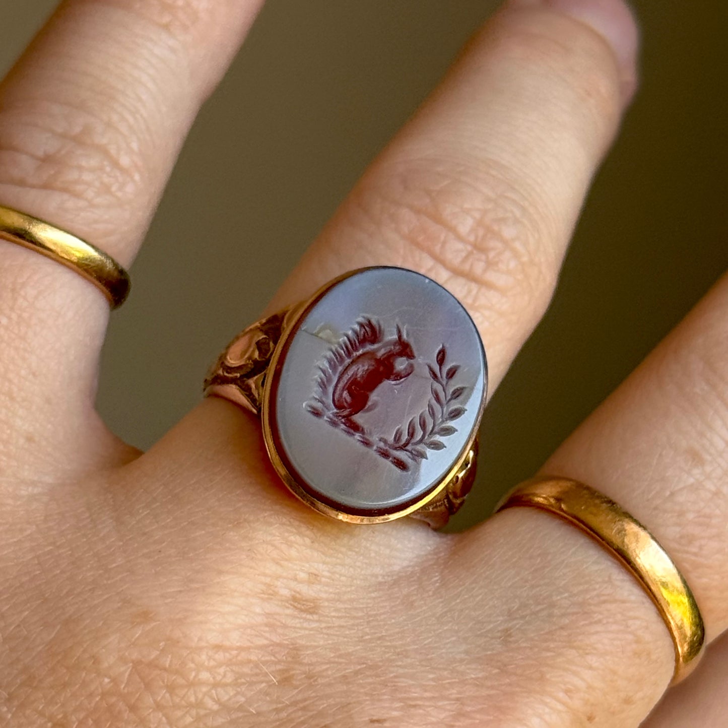 Antique Squirrel Intaglio Signet Ring in 9 Carat Gold
