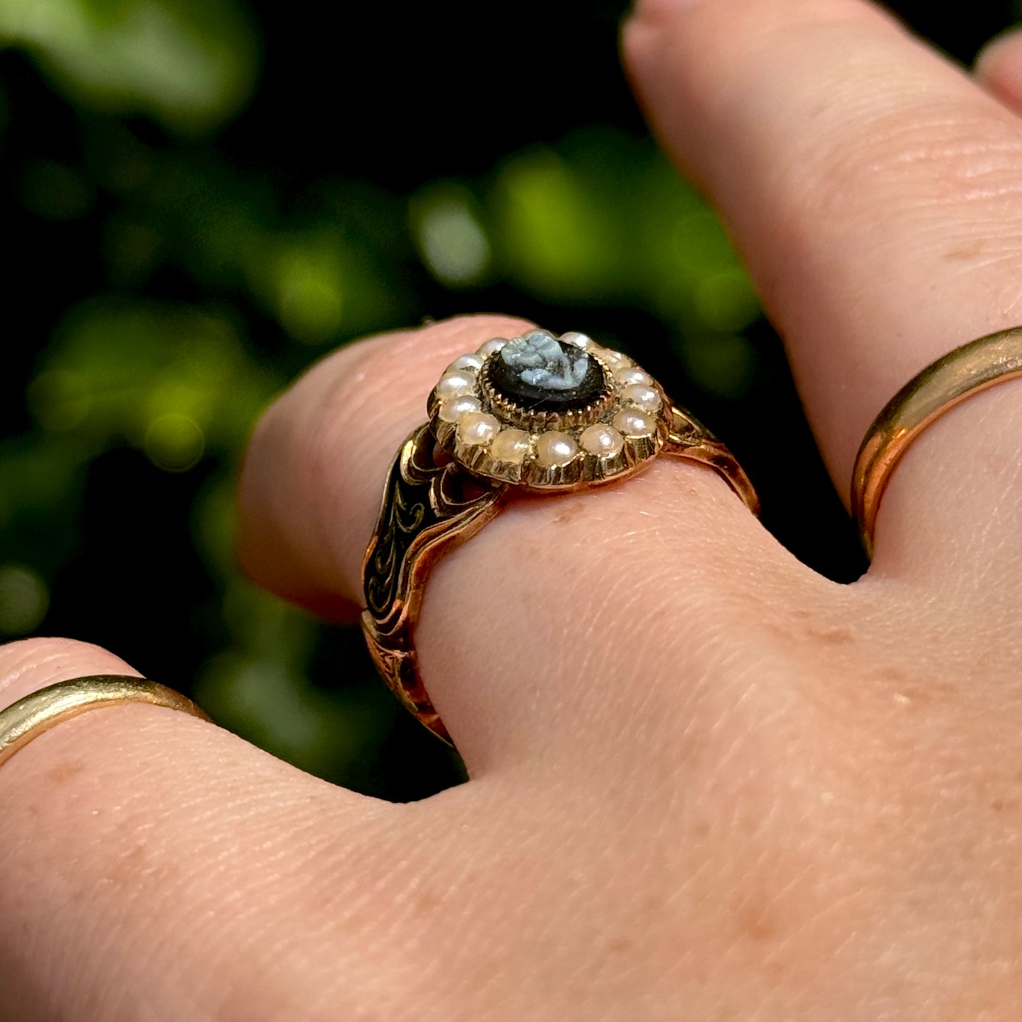 Antique Forget Me Not Mourning Ring in 18 Carat Gold; Circa 1851