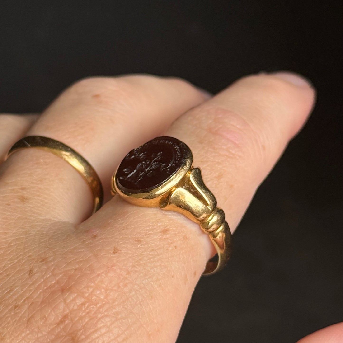 Victorian Carnelian Rose Intaglio Signet Ring; Circa 1891