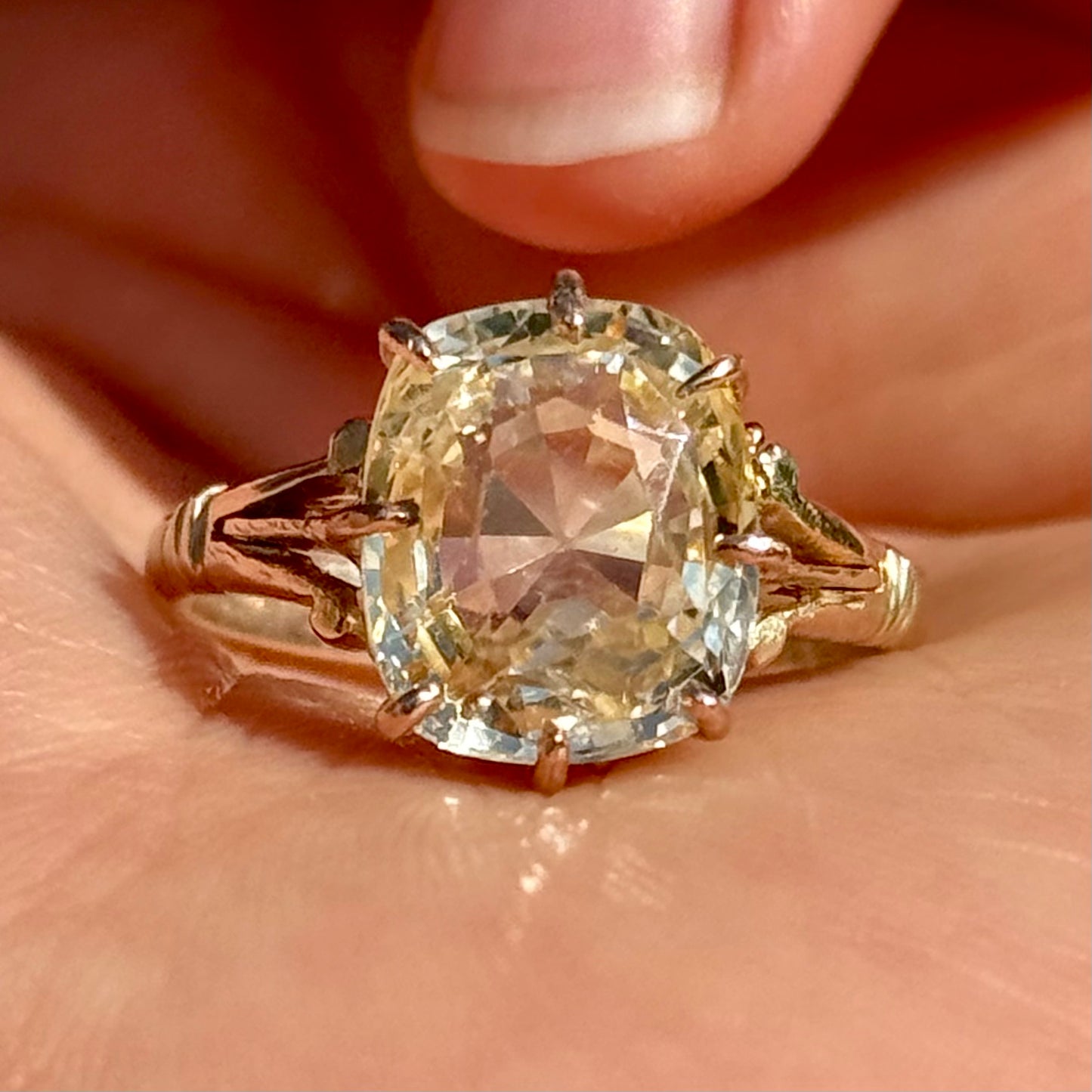 Antique Yellow Sapphire Cushion Cut Ring; Circa 1910