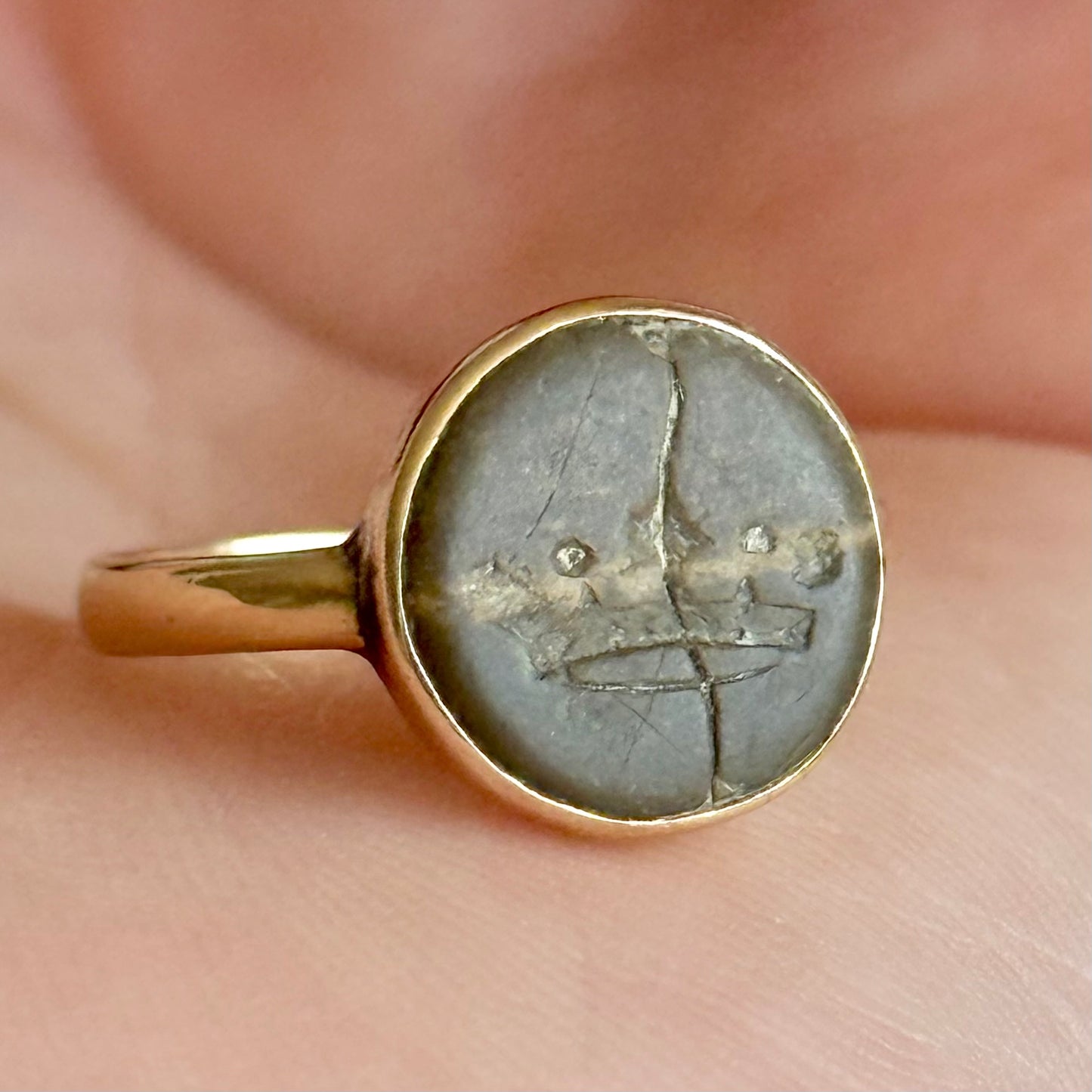 Antique Curio Intaglio Crown Ring; Circa 1920
