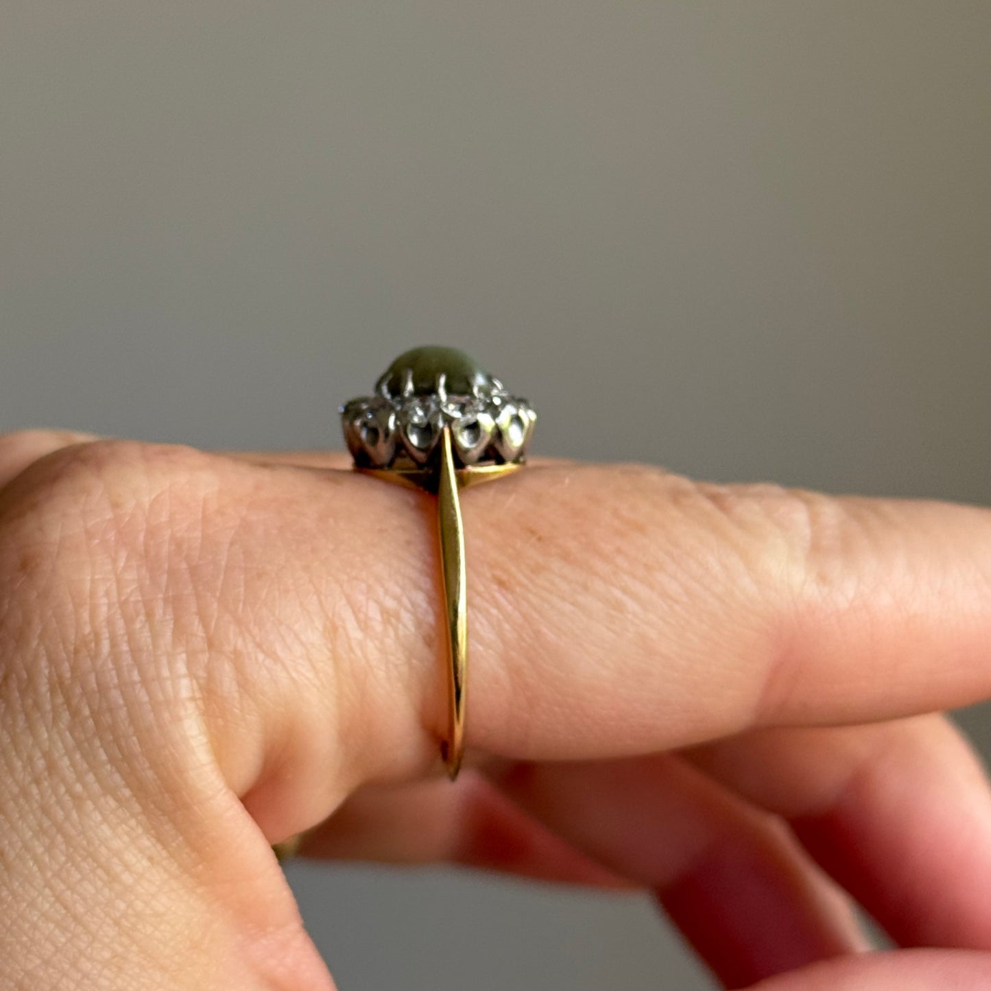 Antique Cat’s Eye Chrysoberyl & Diamond Halo Ring in 18 Carat Gold