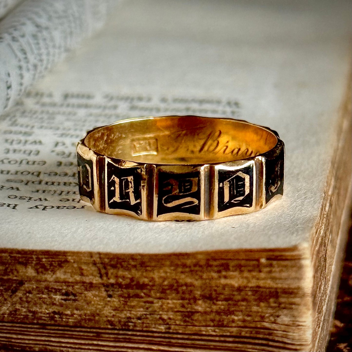 Antique Enamel Mourning Ring in 18 Carat Gold; Circa 1842
