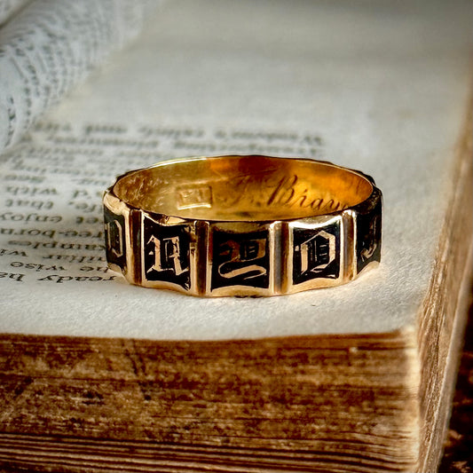 Antique Enamel Mourning Ring in 18 Carat Gold; Circa 1842