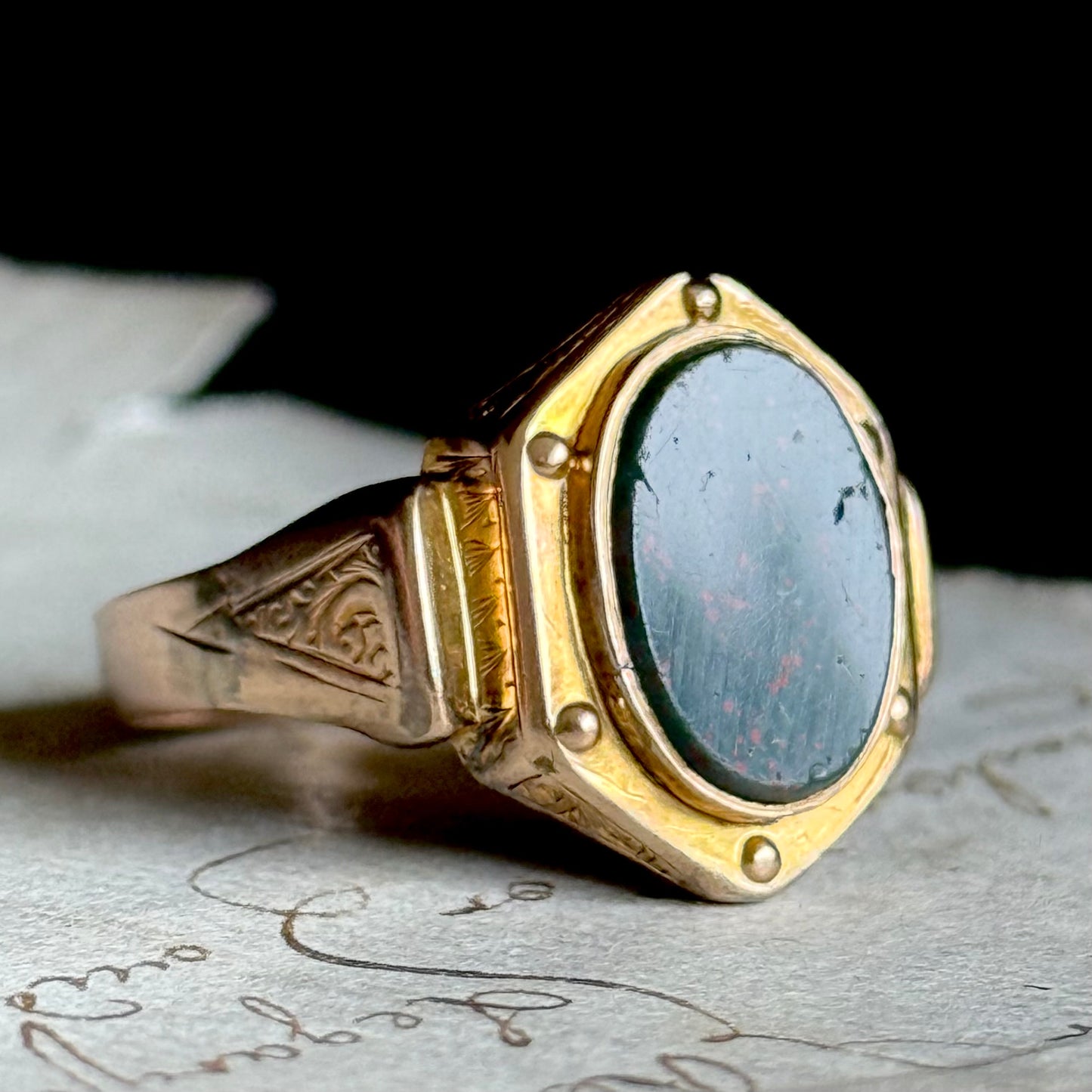 Antique Bloodstone Signet Ring in 9 Carat Gold, Circa 1880