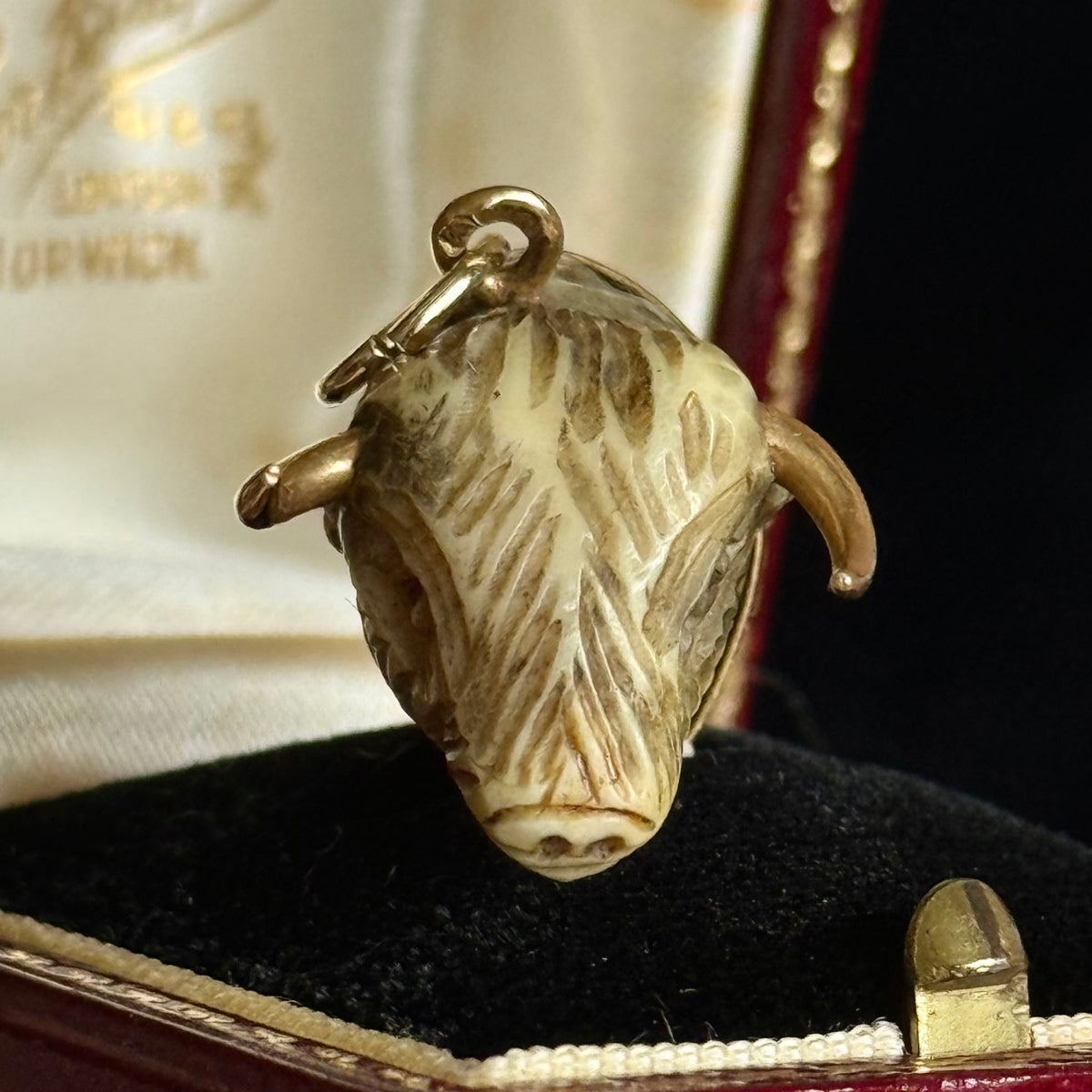 Antique Bull Pendant in Bone & 9 Carat Gold; Circa 1880