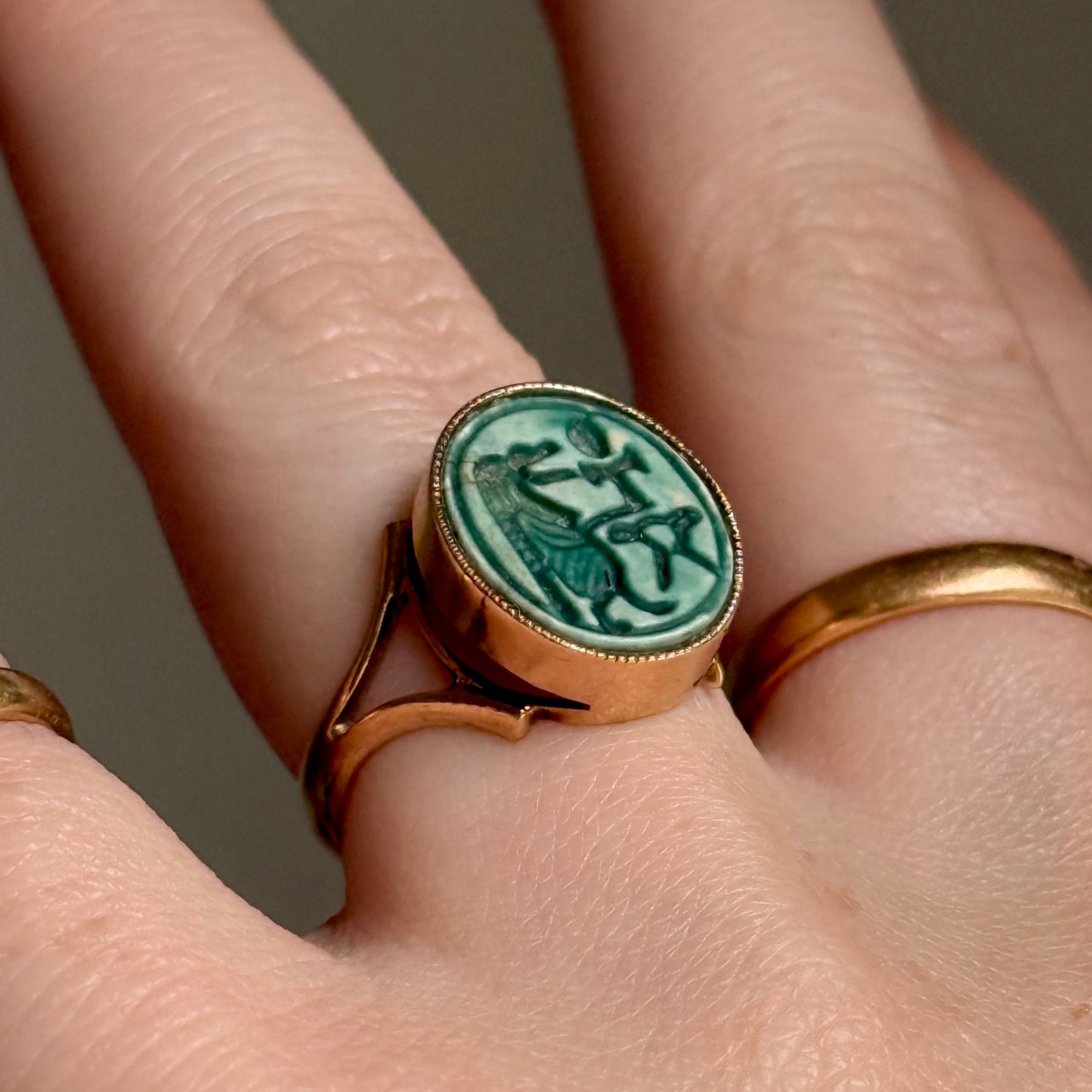 Antique Glazed Egyptian God Faience Ring in 9 Carat Gold