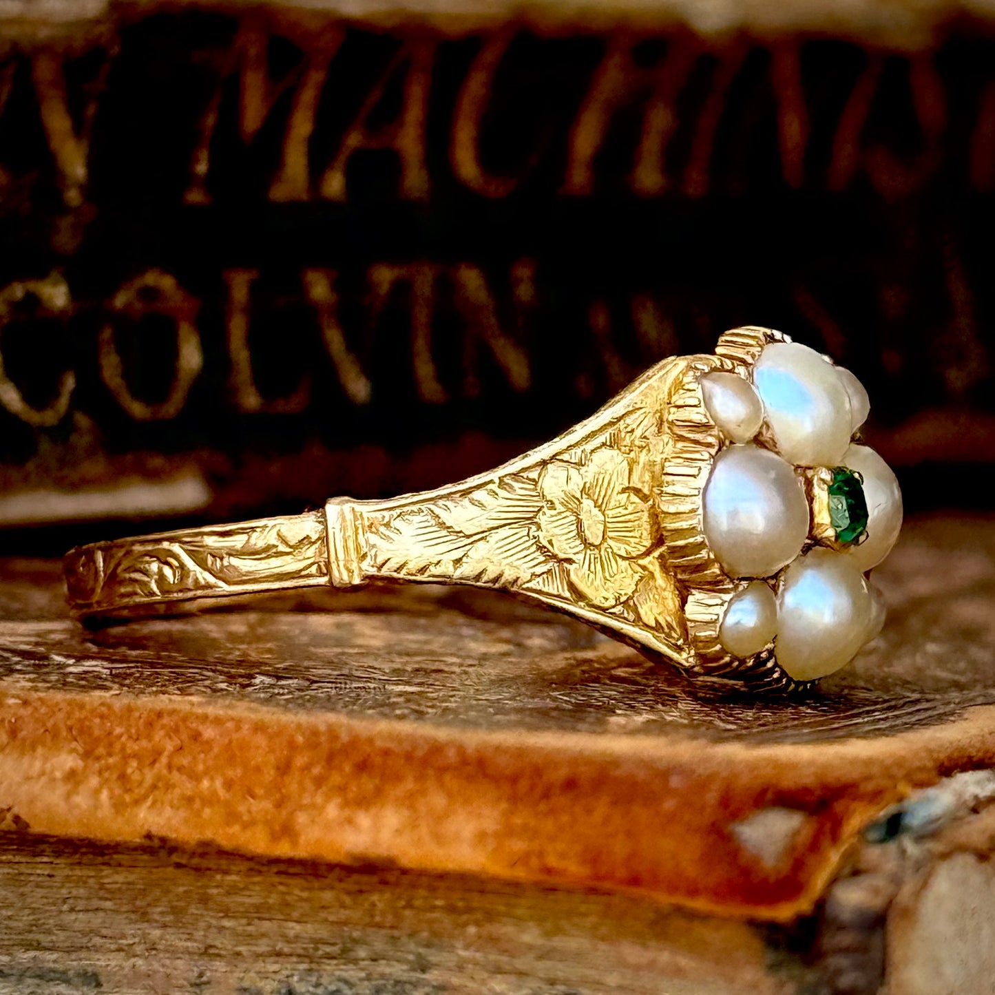 Georgian Emerald & Pearl Floral Ring in 18 Carat Gold
