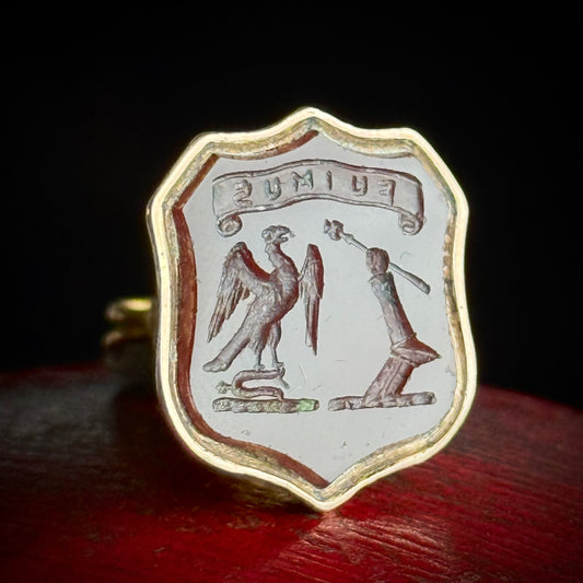 Antique 'Fuimus' Carnelian Fob Pendant in 9 Carat Gold; Circa 1907