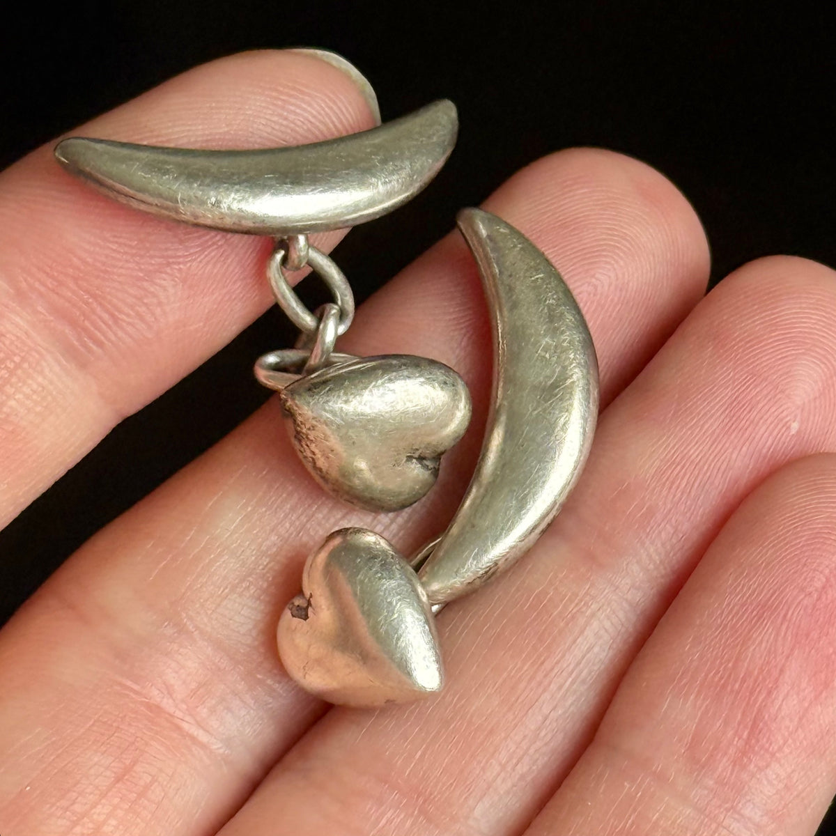 Antique Edwardian Heart & Moon Silver Cufflinks; circa 1904