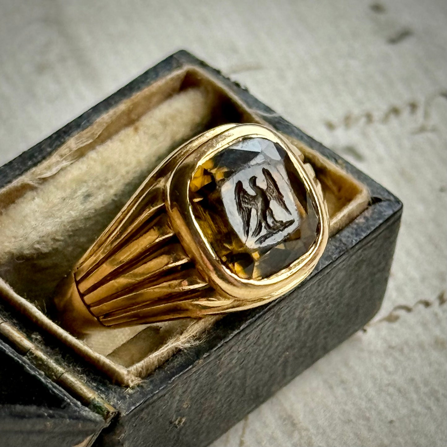 Antique Victorian Tourmaline Signet Ring  with Arabic Inscription in 18 Carat  Gold; Circa 1899