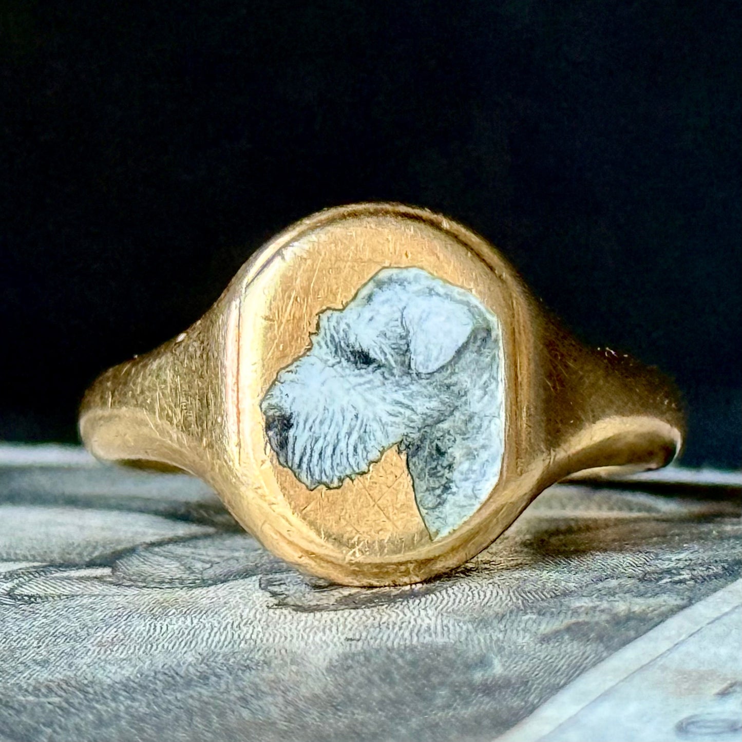 Antique Enamel 'Wycollar' Wire Fox Terrier Signet Ring in 18 Carat Gold