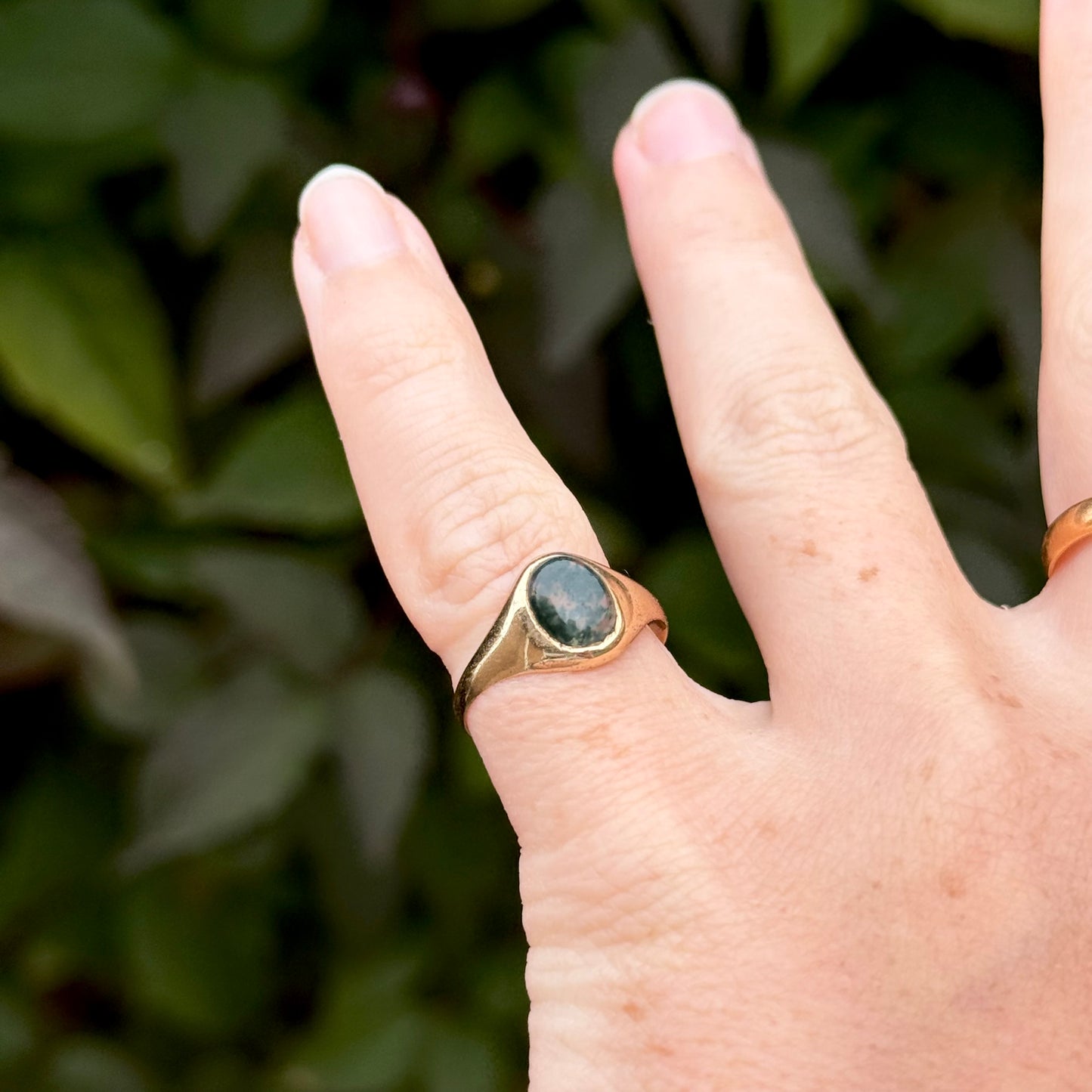 Vintage Moss Agate Signet Ring 9 Carat Gold; Circa 1979