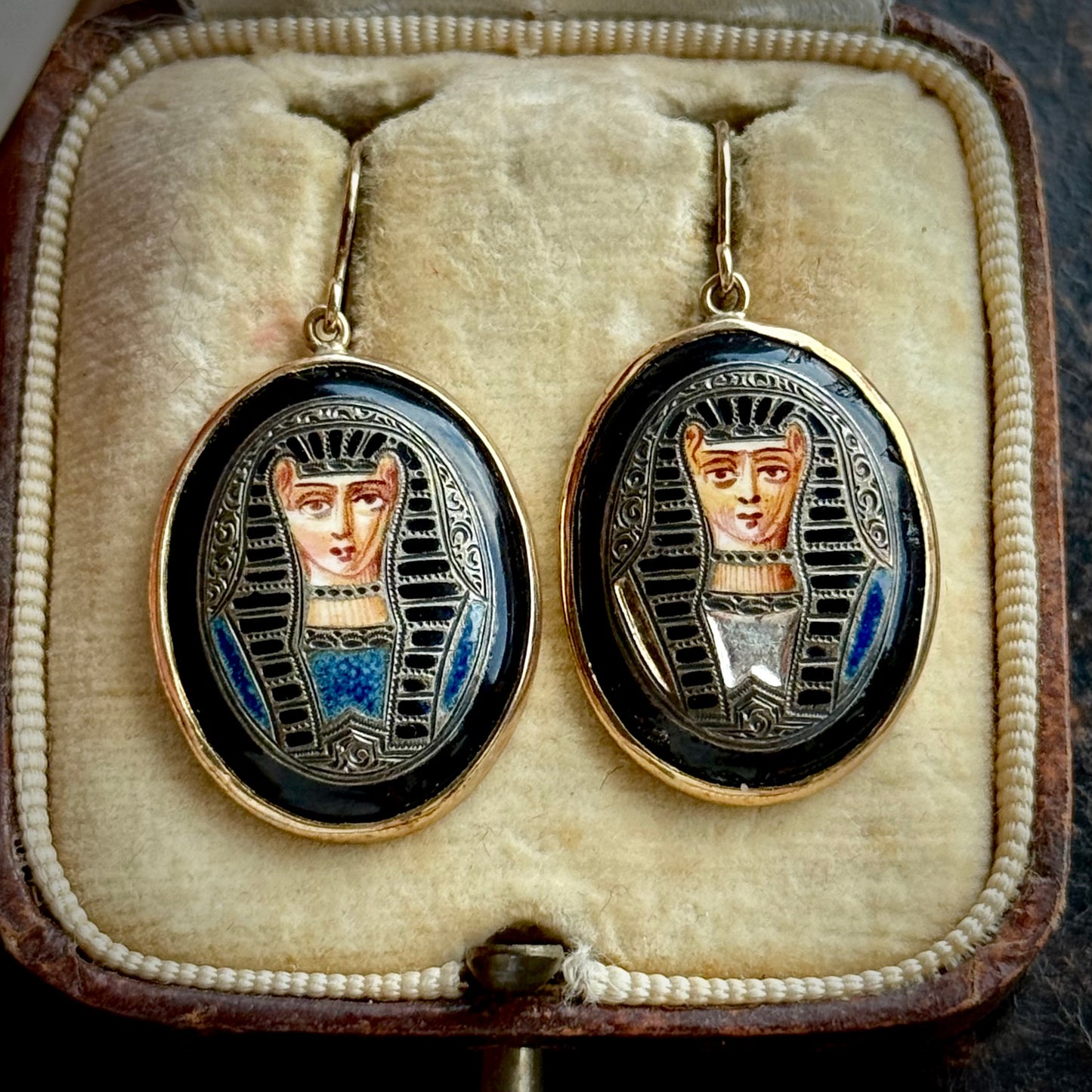 Antique Egyptian Revival Enamel Pharaoh Earrings in 14 Carat Gold
