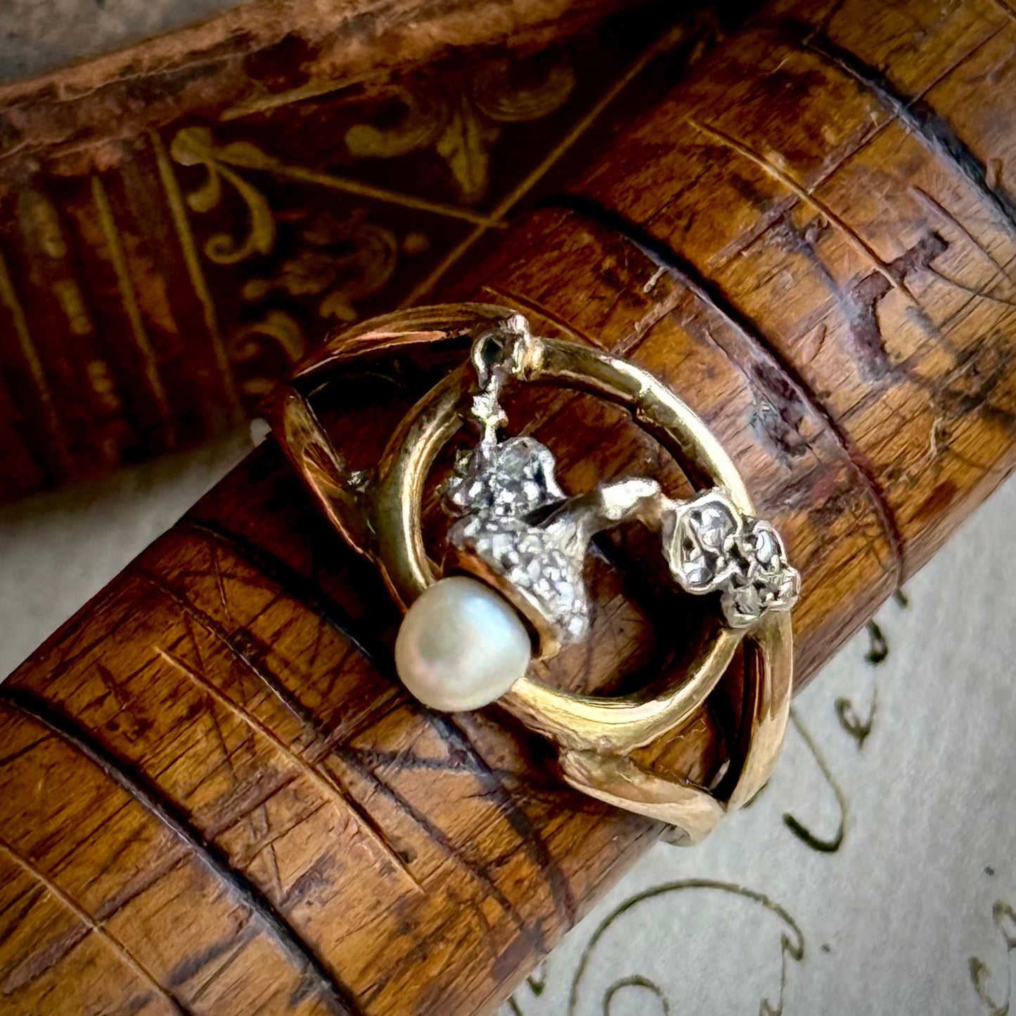 Antique Diamond & Pearl Acorn Ring in 9 Carat Gold