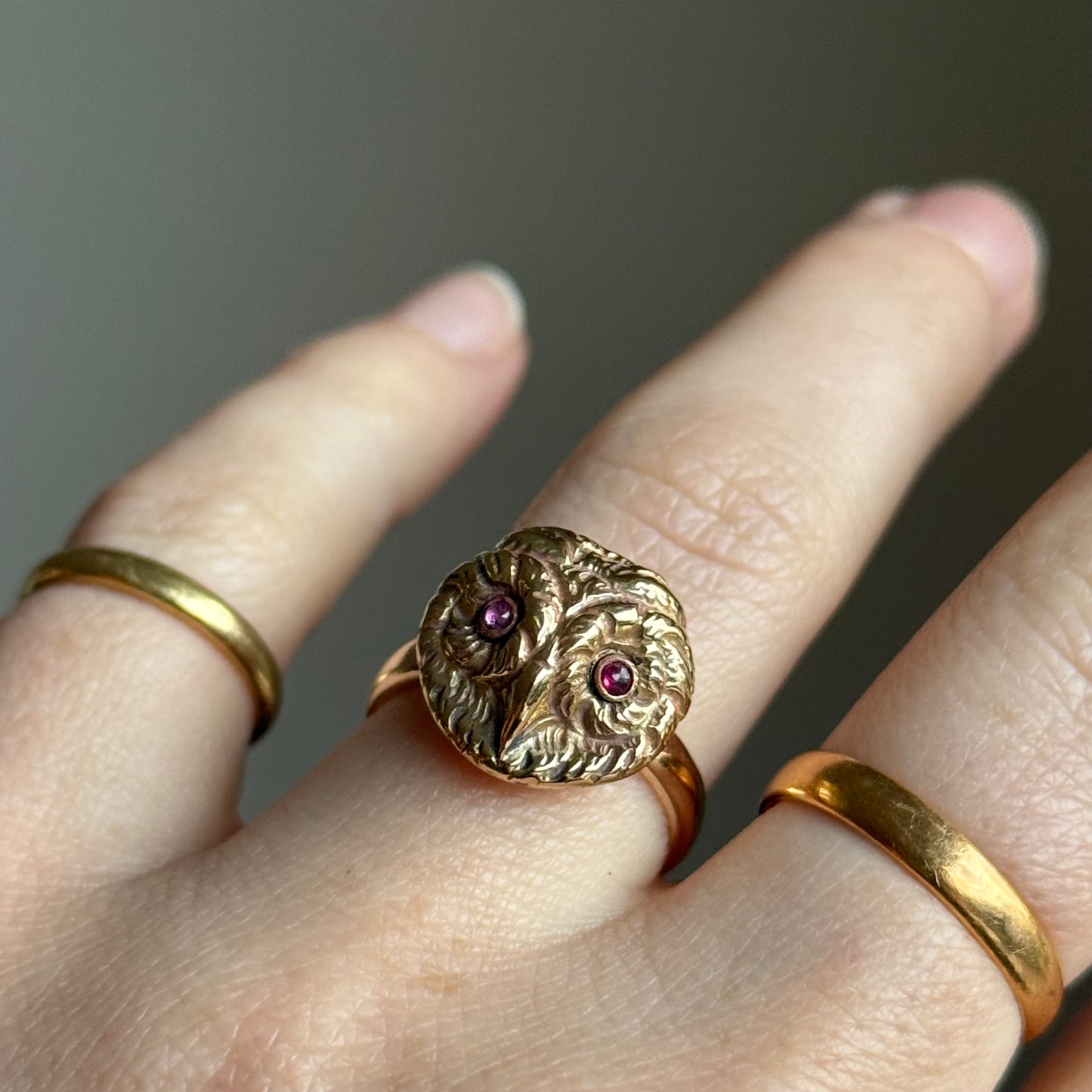 Antique Ruby Eyed Owl Ring in 9 Carat Gold
