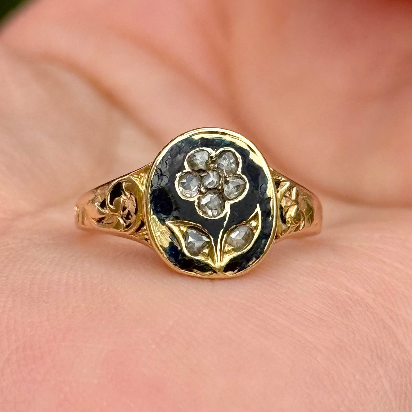 Antique Victorian Forget me Not Mourning Ring; Circa 1856