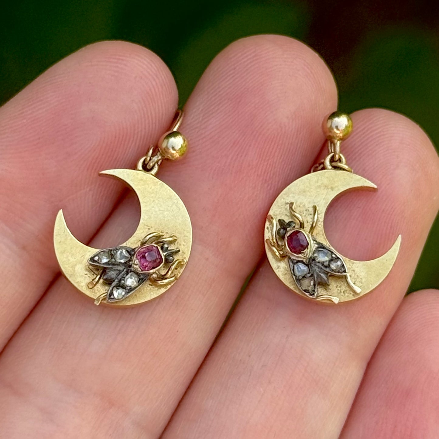 Victorian Crescent Moon Diamond & Ruby Fly Earrings