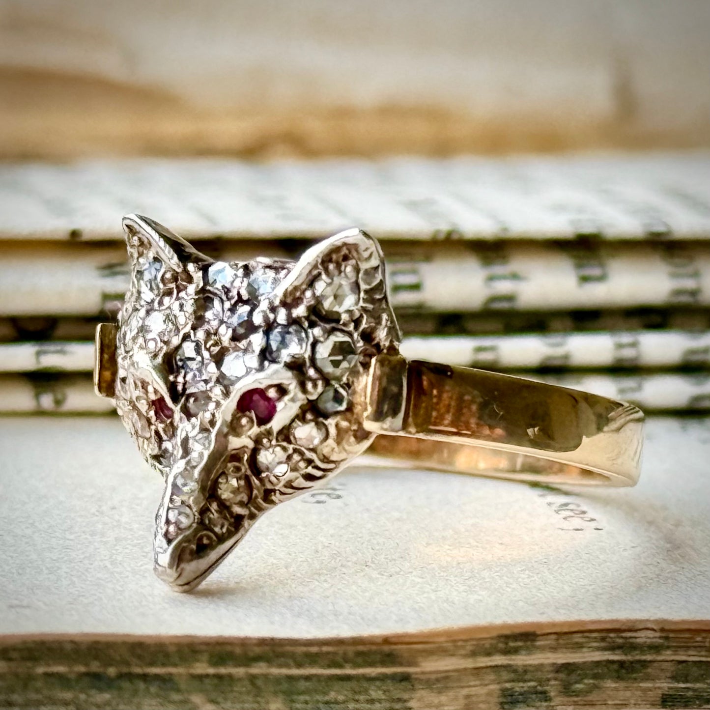 Victorian Style Rose Cut Diamond & Ruby Fox Ring in 9 Carat Gold
