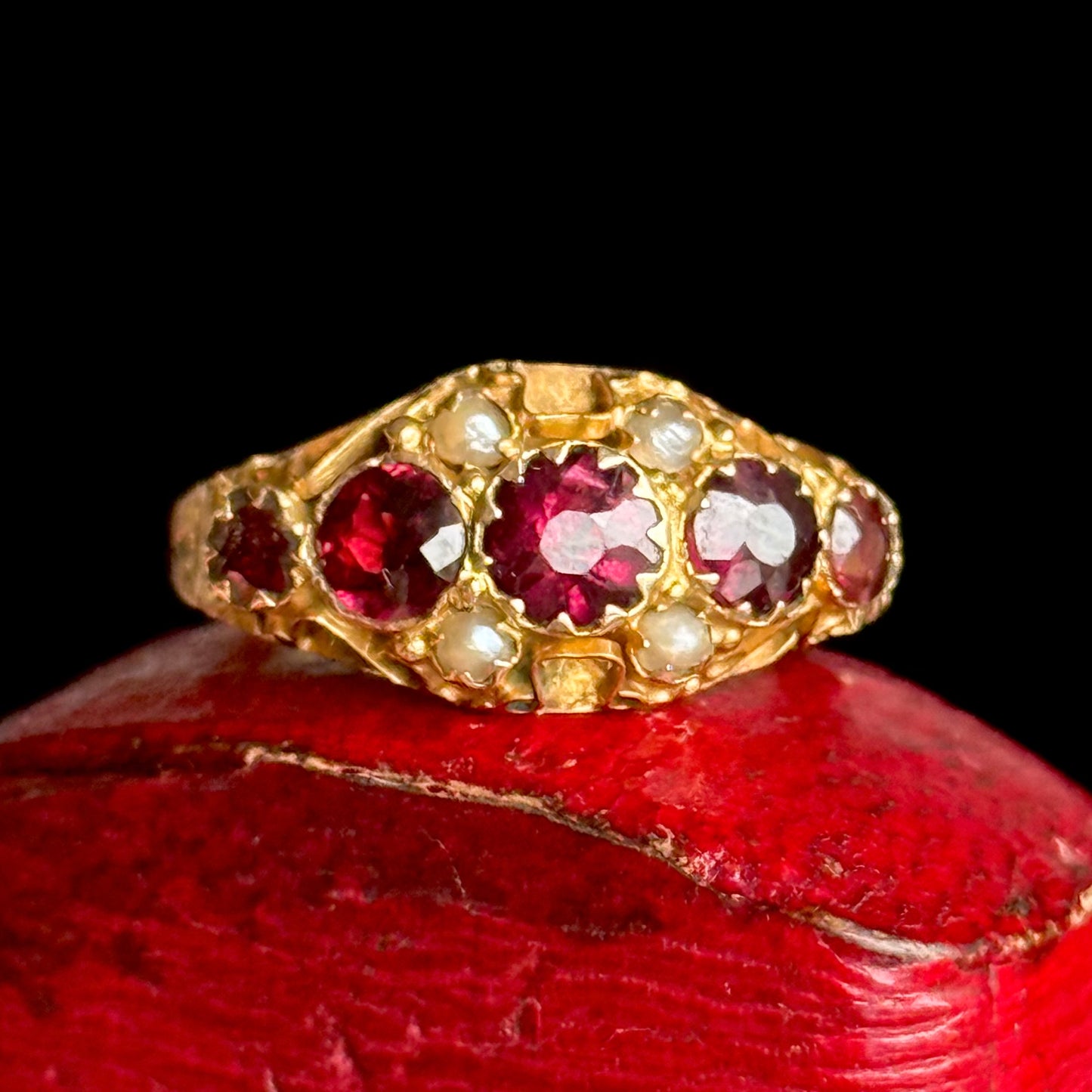 Antique Victorian Garnet & Pearl Ring in 9 Carat Gold; Circa 1870
