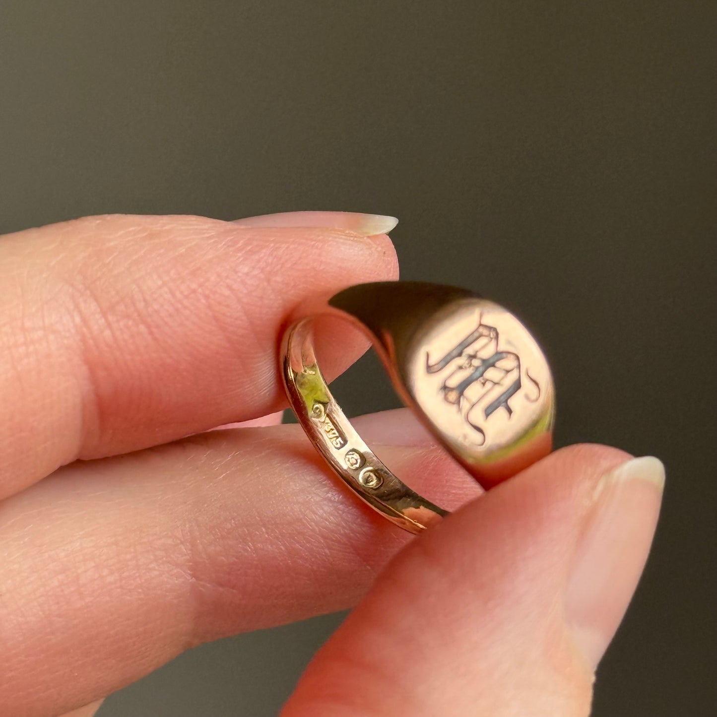 Antique Monogram 'M' Signet Ring in 9 Carat Rose Gold; Circa 1919