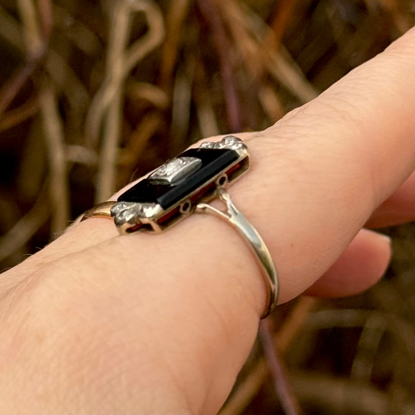 Antique Art Deco Onyx & Diamond Ring; Circa 1920