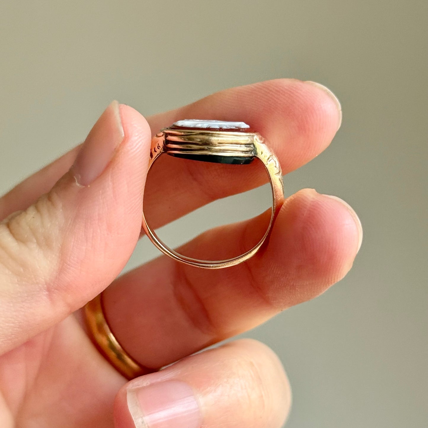 Antique Sardonyx 'R' Ring in 9 Carat Gold; Circa 1880