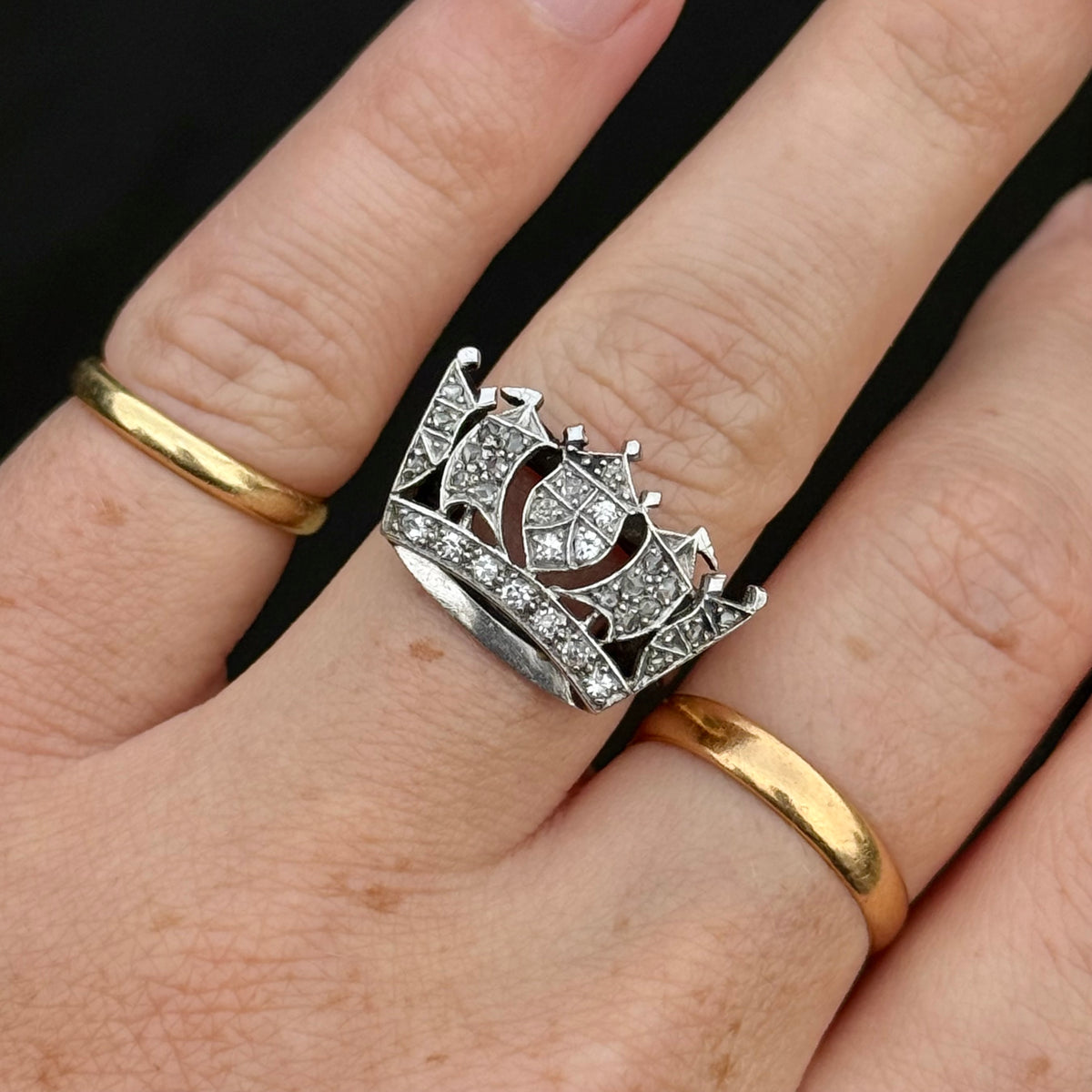 Antique Diamond Navy Sweetheart Ring 9 Carat Gold; Circa 1920