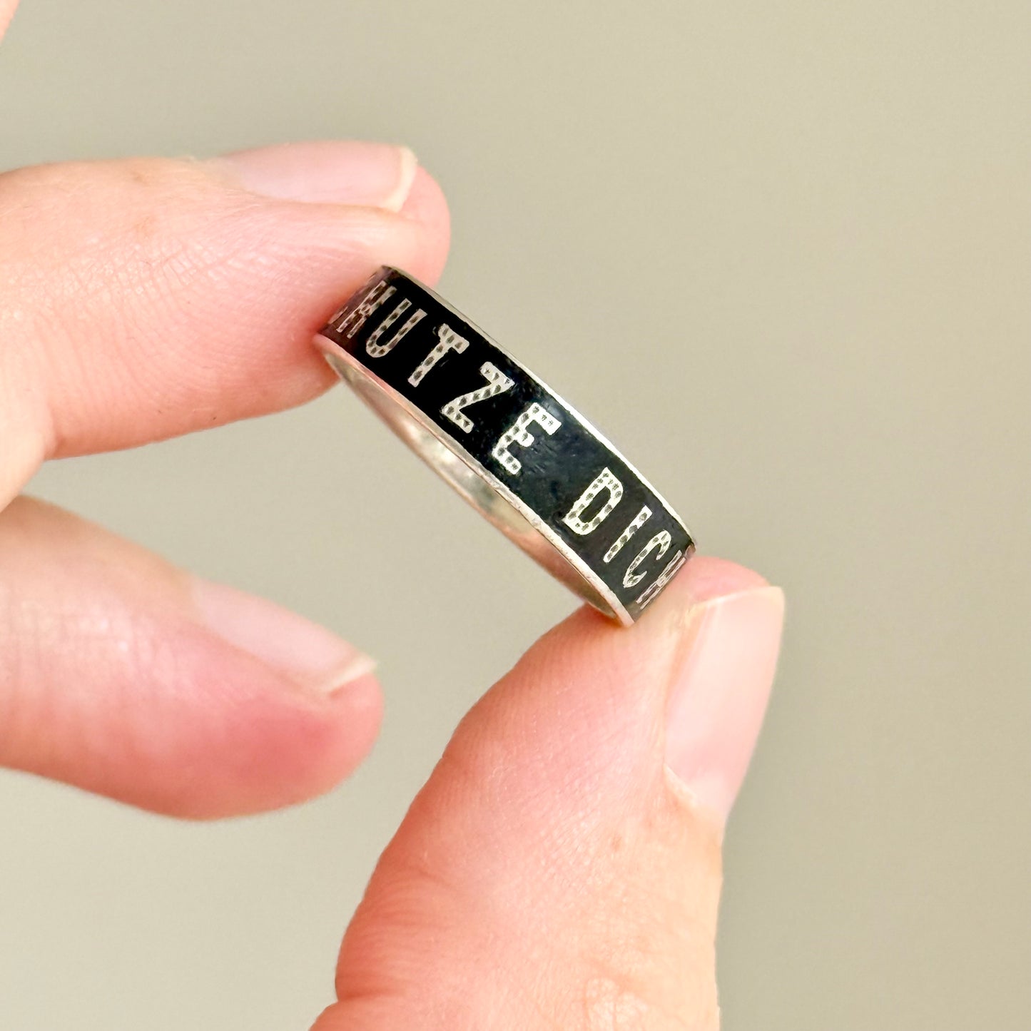 Victorian 'Gott Schütze Dich' Enamel Ring In Silver; Circa 1880