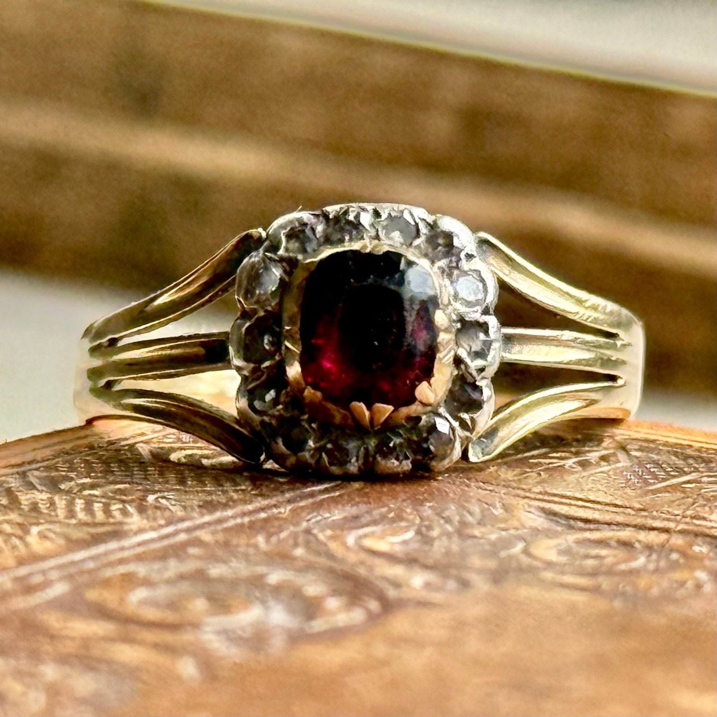 Antique Georgian Garnet & Diamond Ring in 15 Carat Gold; Circa 1830