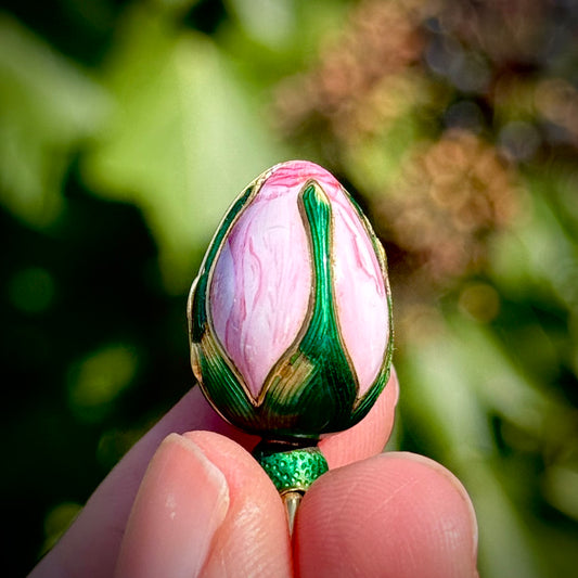 Antique French Victorian Rosebud Locket Enamel Pendant; Circa 1853