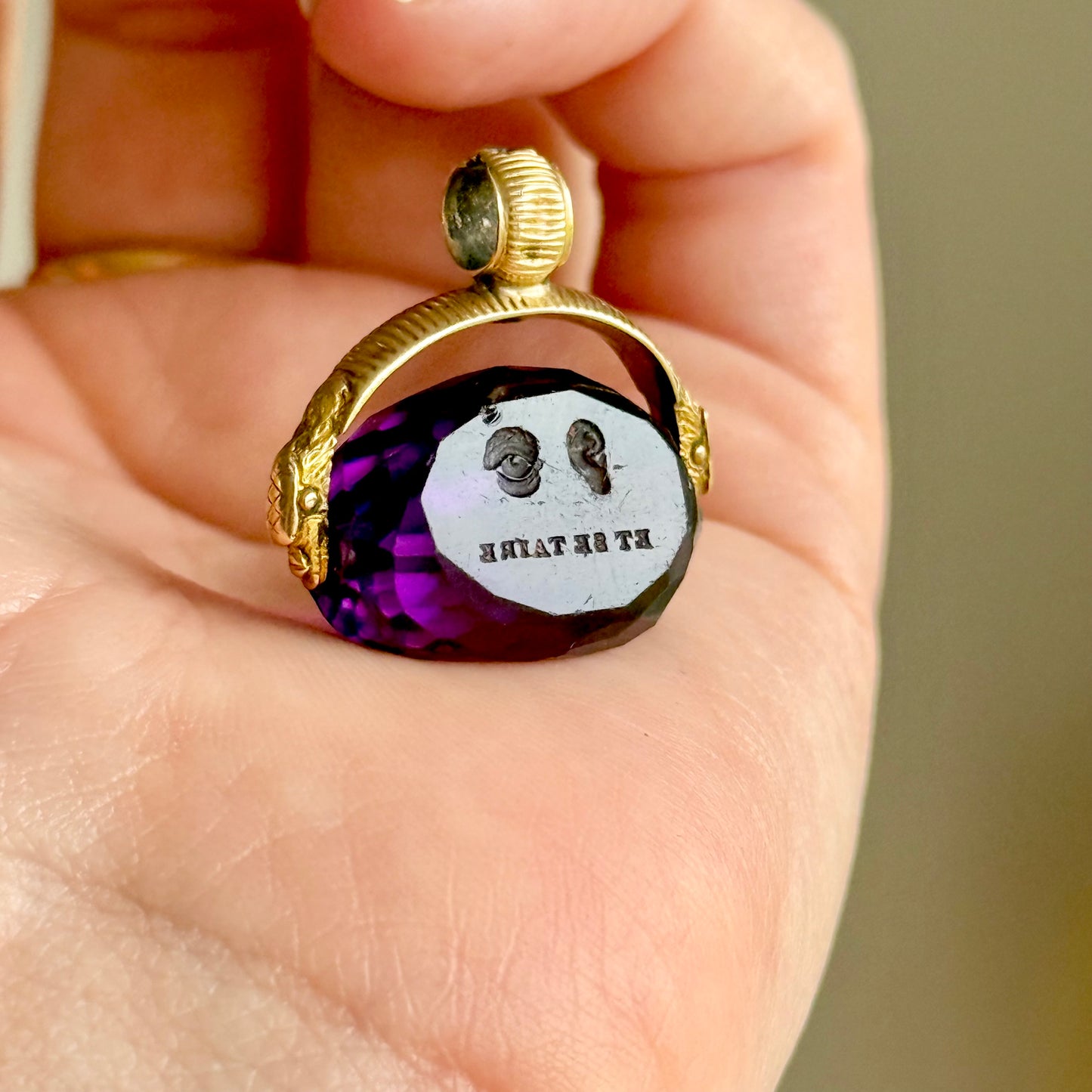 Victorian French Triple Sided Snake Fob Seal in 15 Carat Gold; Circa 1850