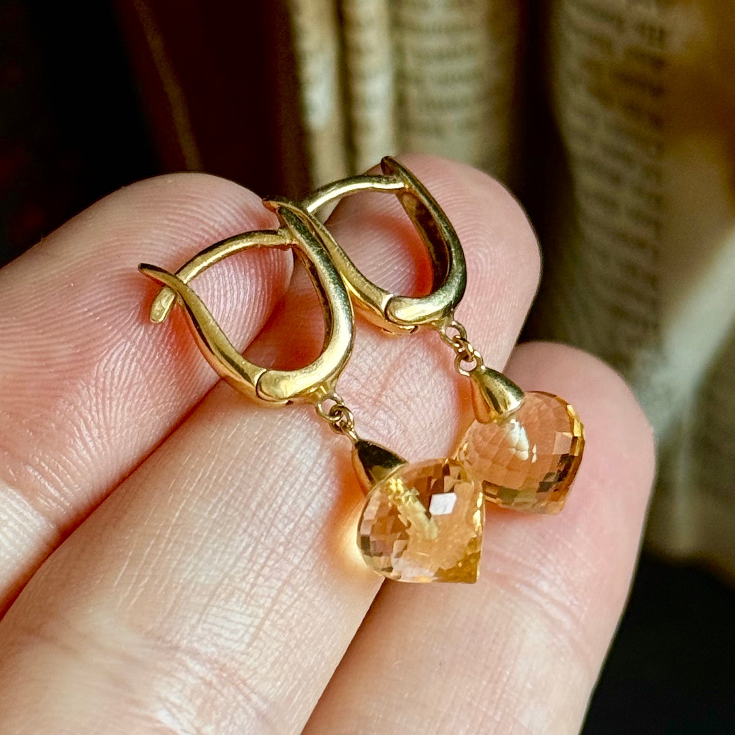 Citrine Briolette Drop Earrings in 18 Carat Gold