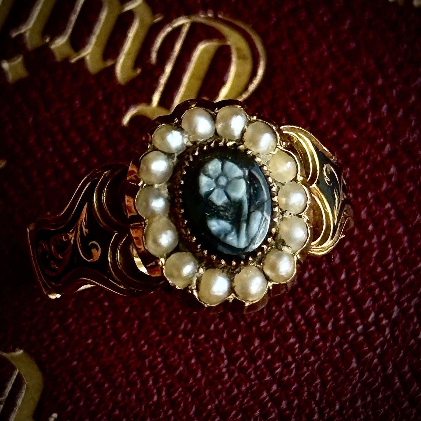 Antique Forget Me Not Mourning Ring in 18 Carat Gold; Circa 1851