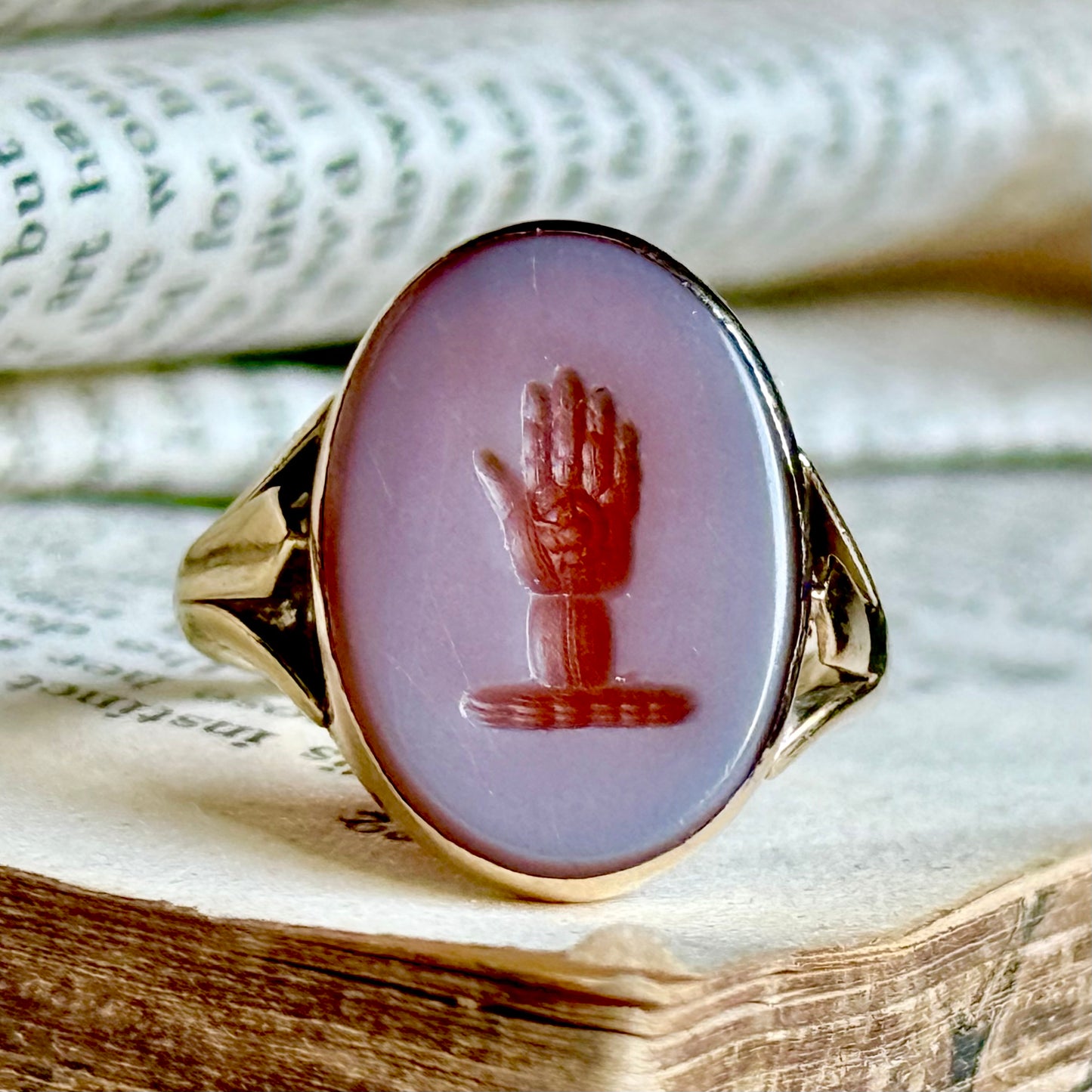 Tiny Sardonyx Hand Intaglio Ring in 9 Carat Gold; Circa 1980