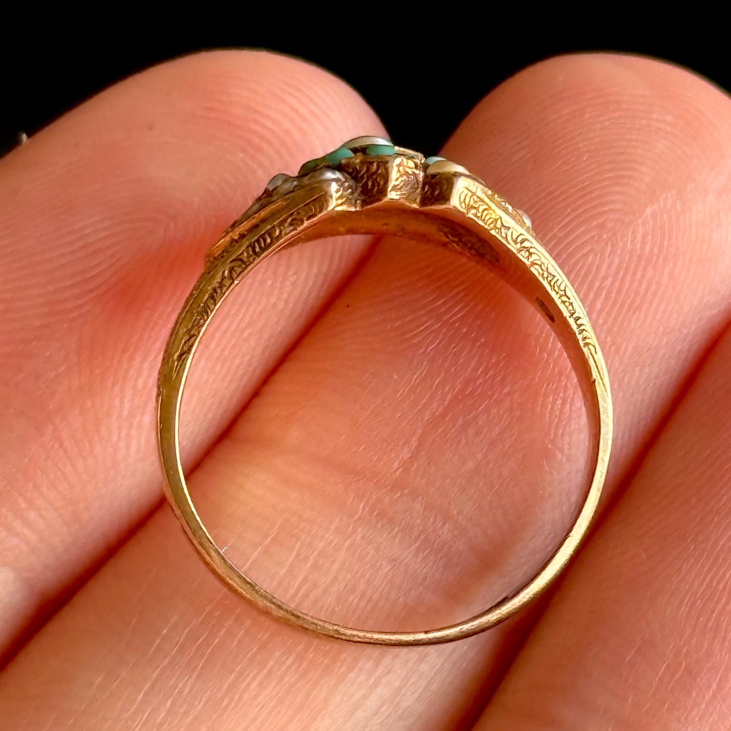 Antique Victorian Peal & Turquoise Ring in 15 Carat Gold; Circa 1870