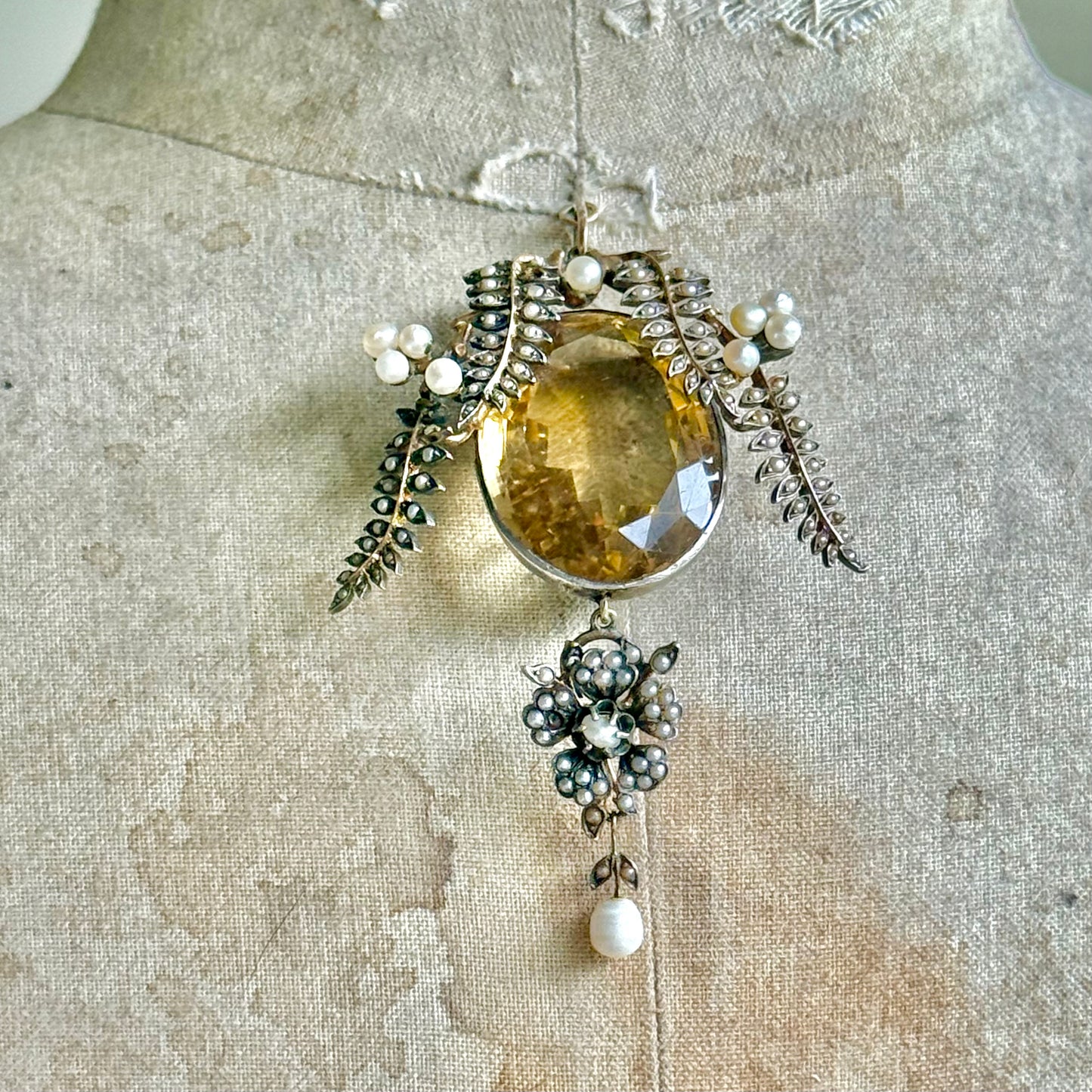 Antique Citrine & Pearl Pendant in Silver & Gold