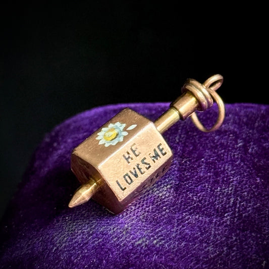 Antique Victorian 'He Loves Me' Spinning Top Enamel Pendant; Circa 1880