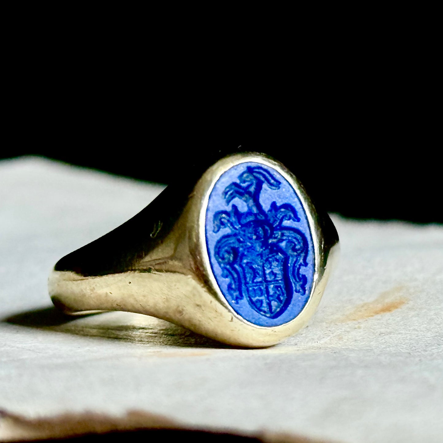 Vintage Lapis Lazuli Intaglio Signet Ring in 14 Carat Gold