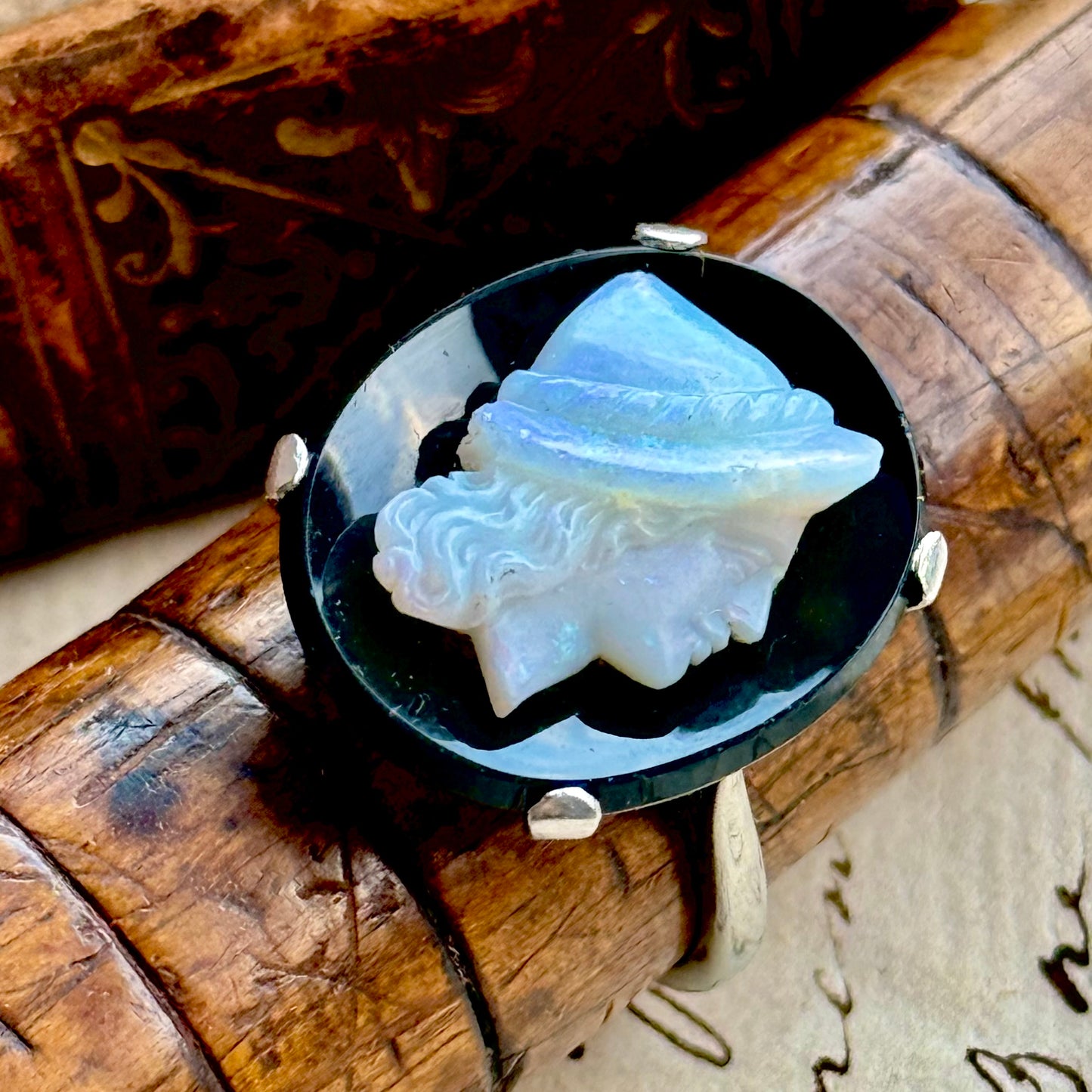Antique Opal & Onyx Cameo ring in Platinum & Gold; Circa 1910