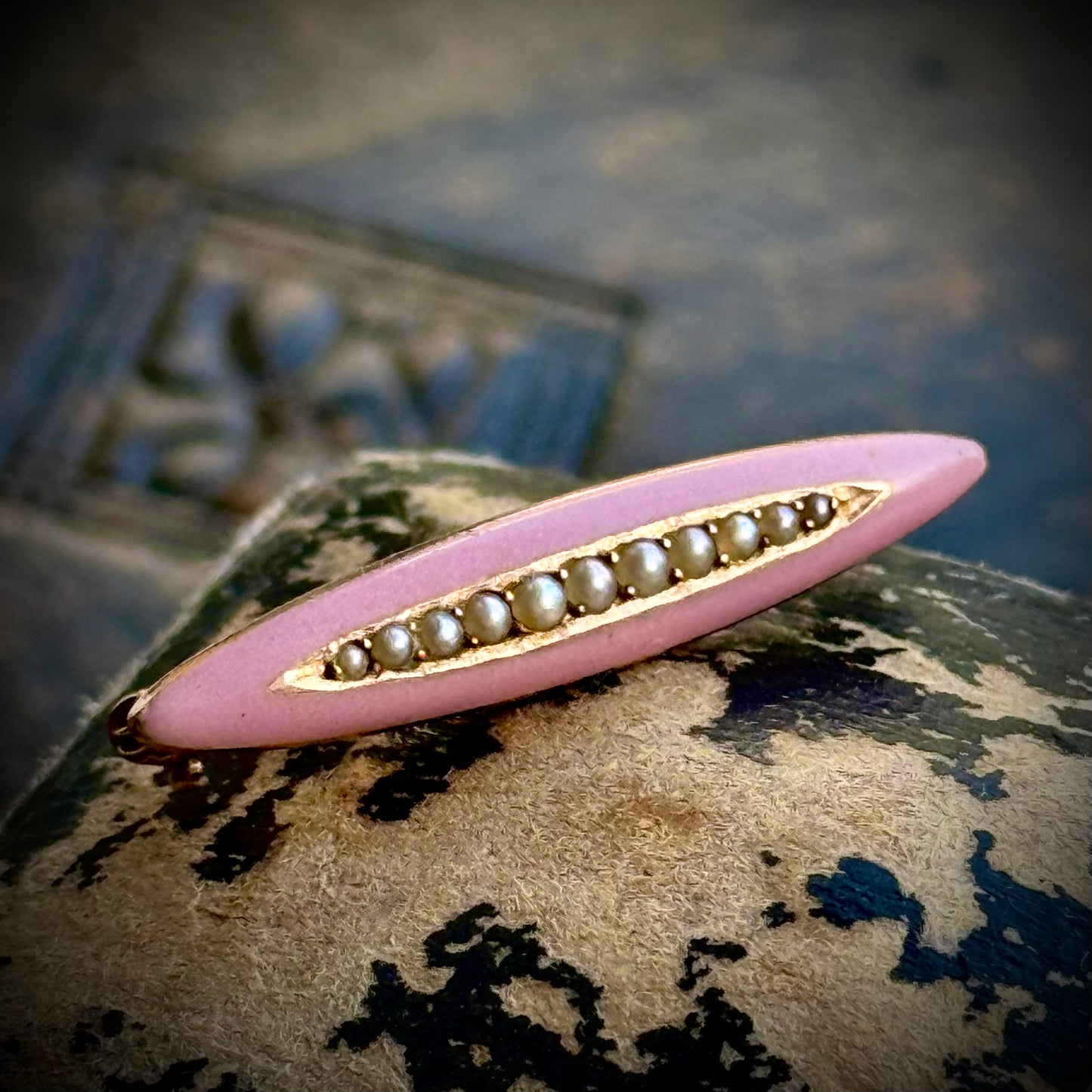 Victorian Pink Enamel & Pearl 14 Carat Gold; Circa 1890