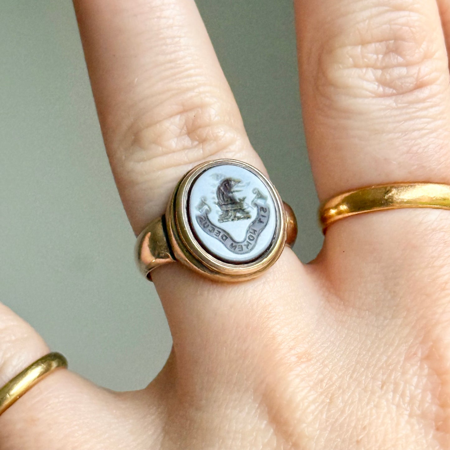 Antique Victorian Sardonyx Signet Ring in 9 Carat Rose Gold; Circa 1897