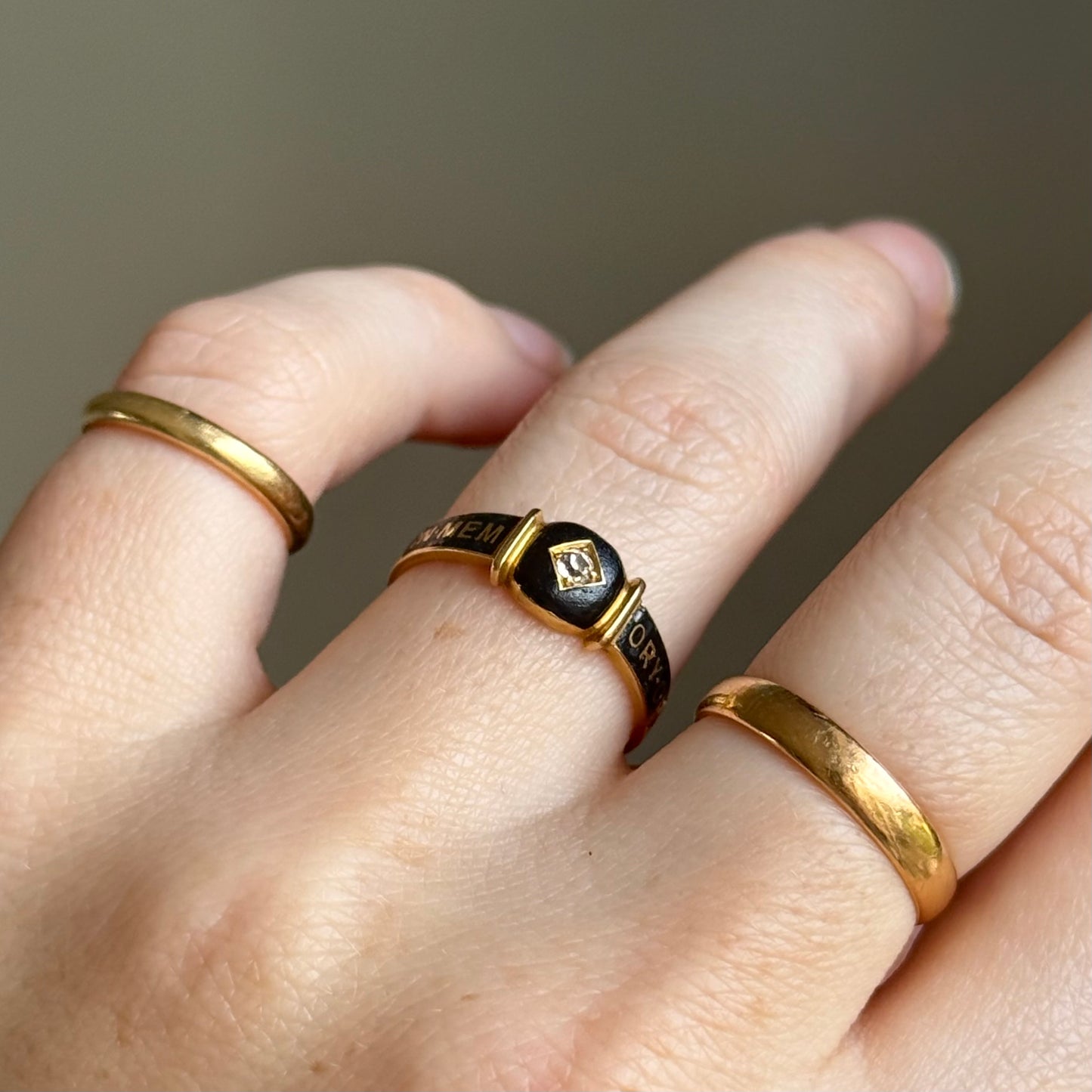 Antique Victorian Diamond Enamel Mourning Ring in 18 Carat Gold; Circa 1894