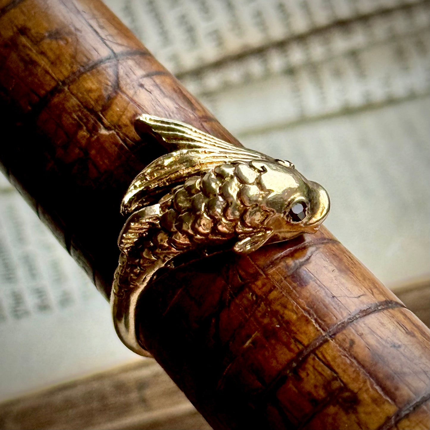 Vintage Symbolic Garnet Eye’d Koi Ring in 9 Carat Gold; Circa 1975