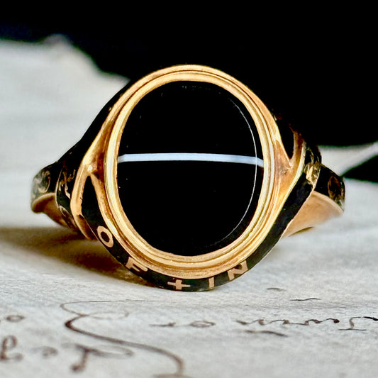 Early Victorian Agate & Enamel Mourning Ring in 18 Carat Gold; Circa 1849