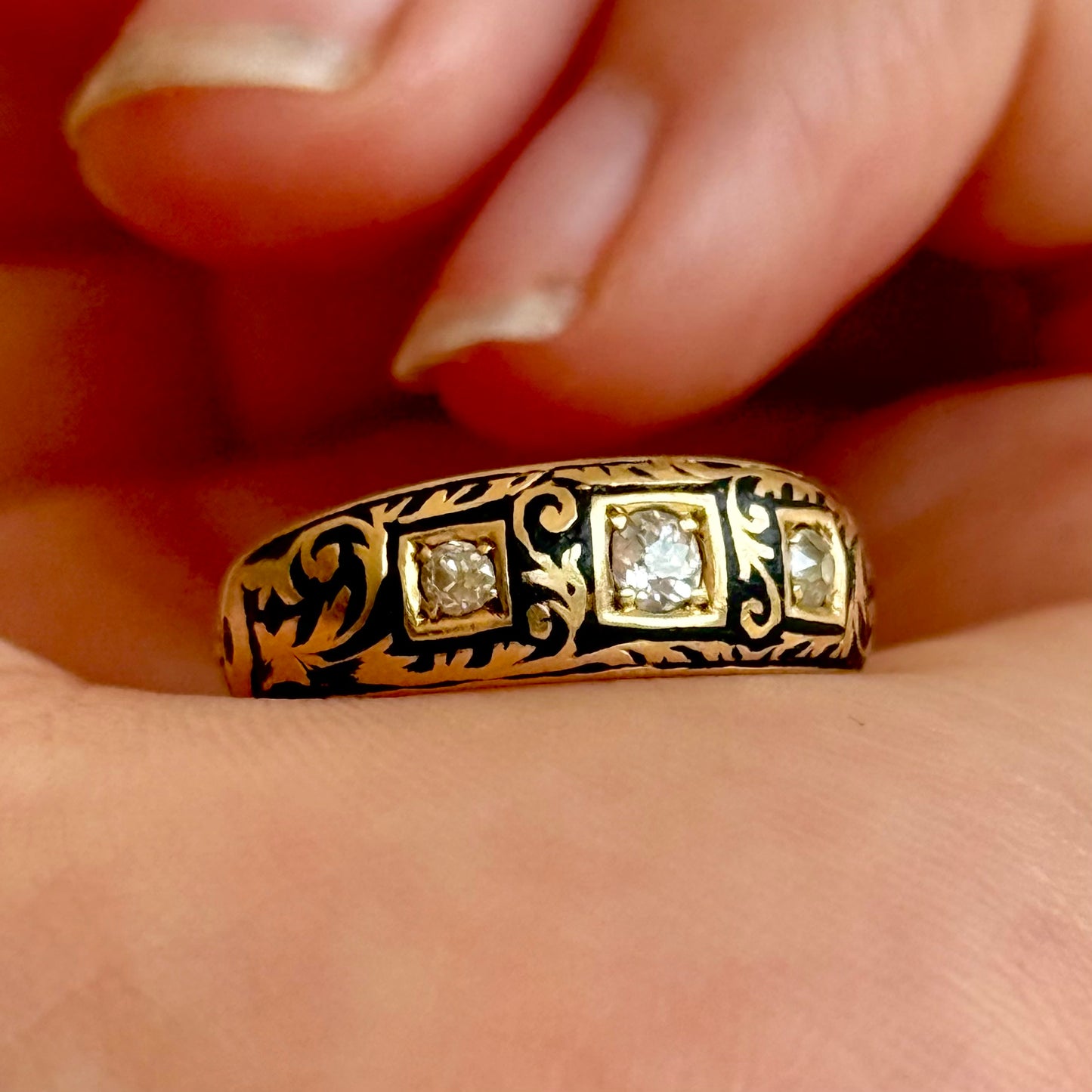 Victorian Enamel & Diamond Ring in 18 Carat Gold; Circa 1896