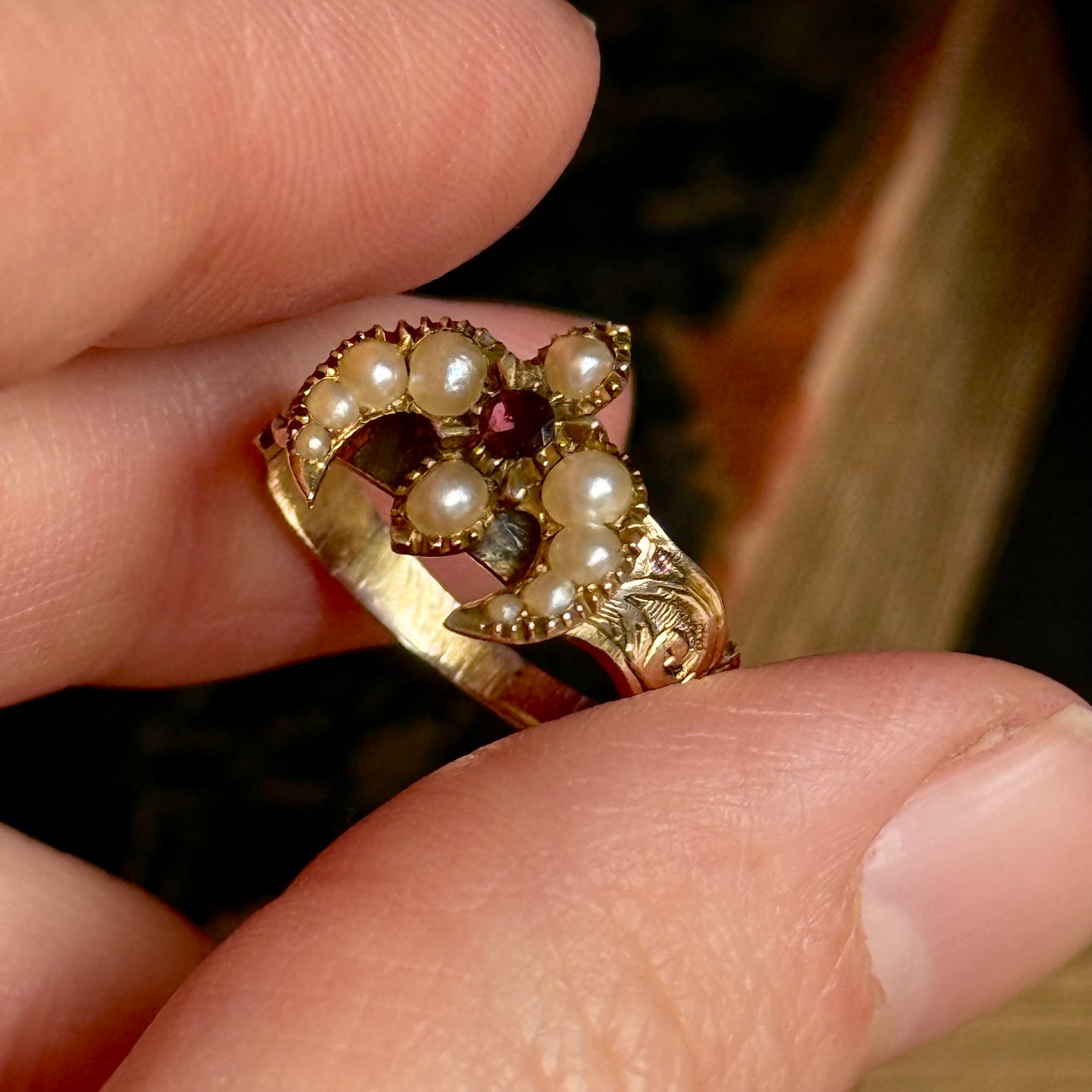 Antique Swallow Garnet & Pearl Signet Ring in 9 Carat Gold