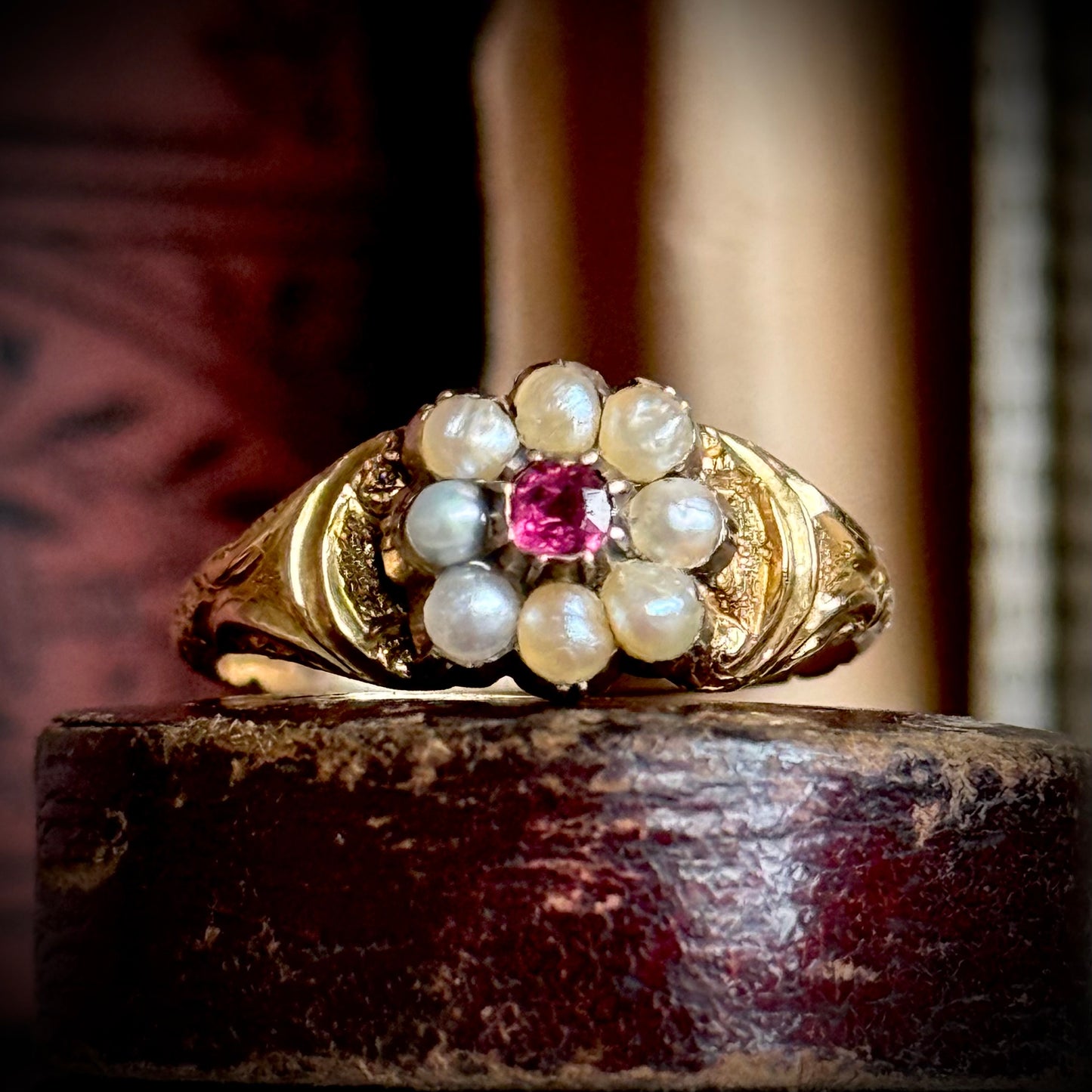 Victorian Rhodolite Garnet & Pearl Sentimental Ring in 18 Carat Gold; Circa 1880