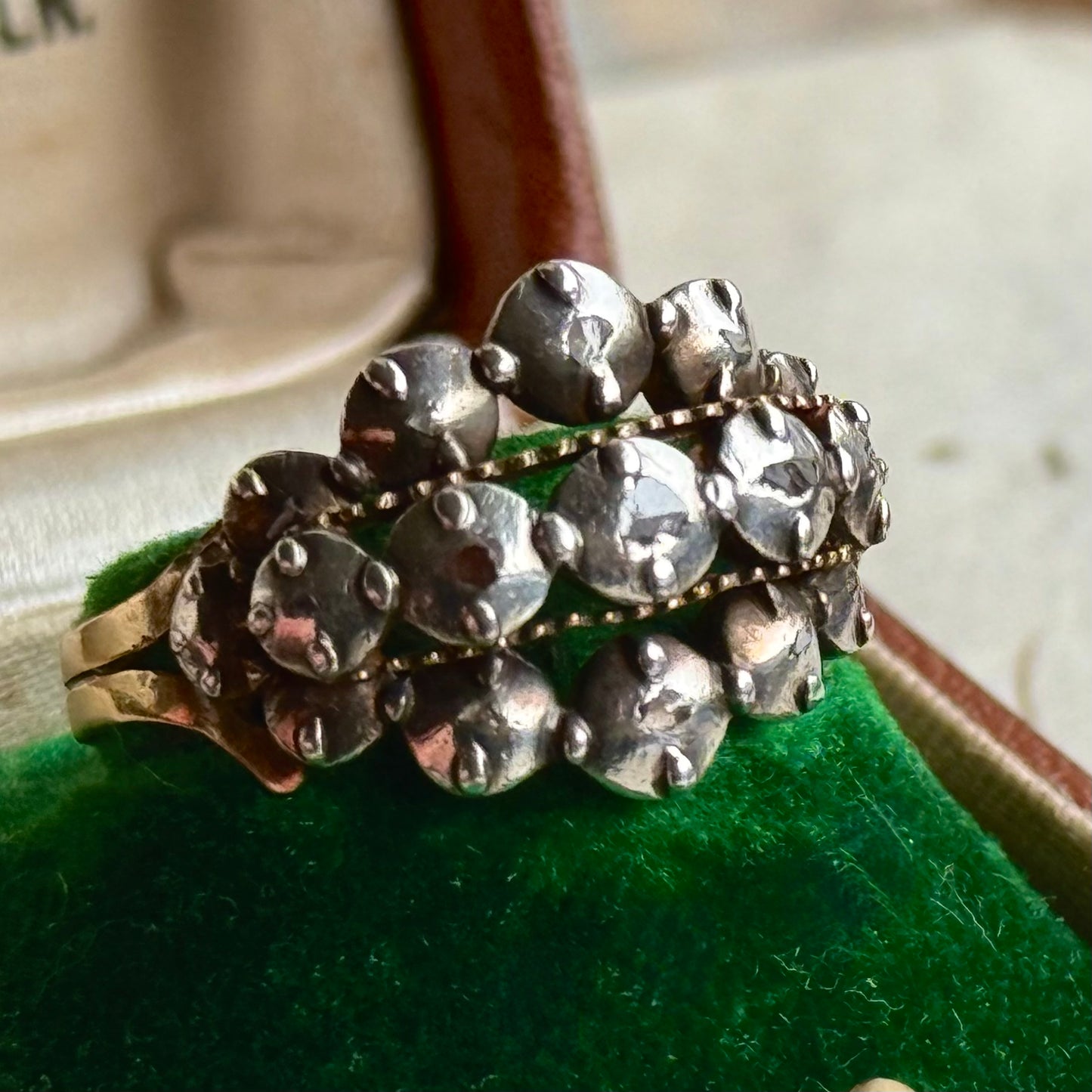 Antique Georgian Rose Cut Diamond Ring Gold and Silver; Circa 1820