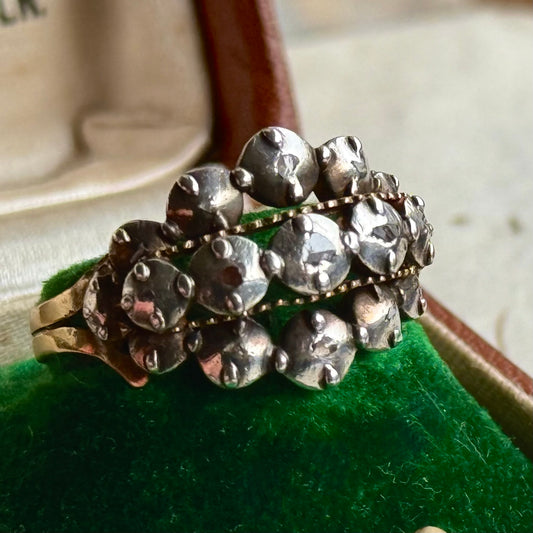 Antique Georgian Rose Cut Diamond Ring Gold and Silver; Circa 1820